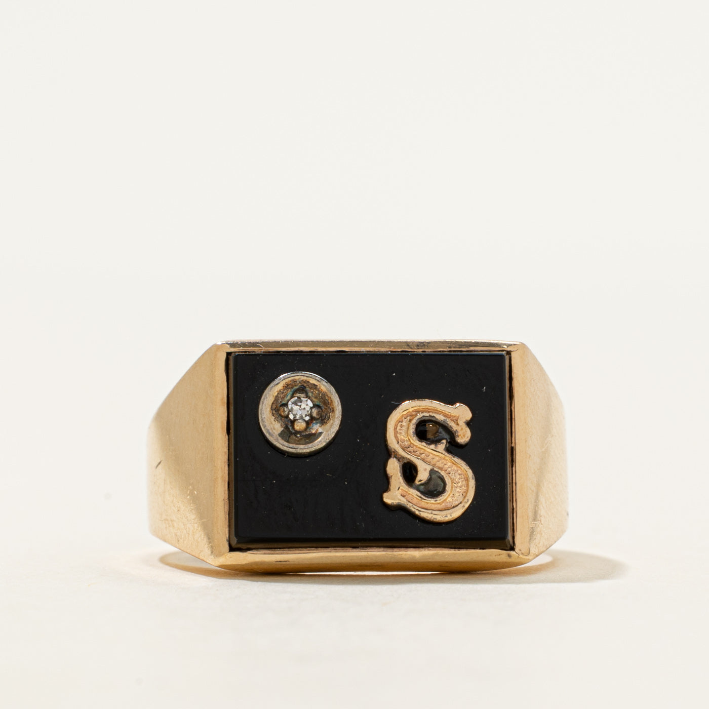 Onyx & Diamond "S" Initial Signet Ring | 2.10ct, 0.005ct | SZ 8