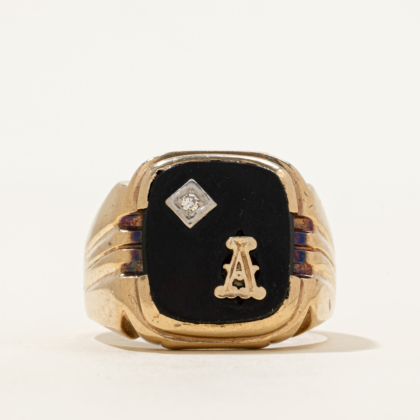 Onyx & Diamond "A" Initial Grooved Signet Ring | 3.25ct, 0.01ct | SZ 12