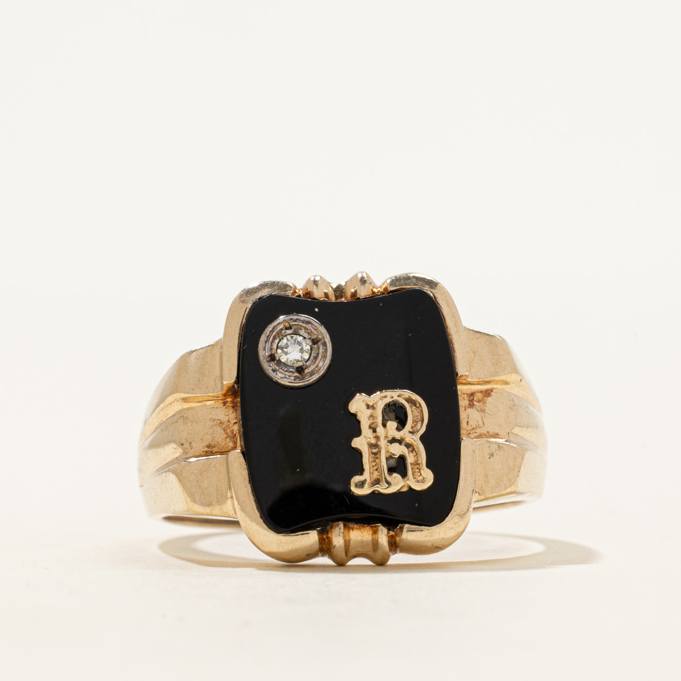 Onyx & Diamond "R" Initial Grooved Signet Ring | 2.60ct, 0.01ct | SZ 12