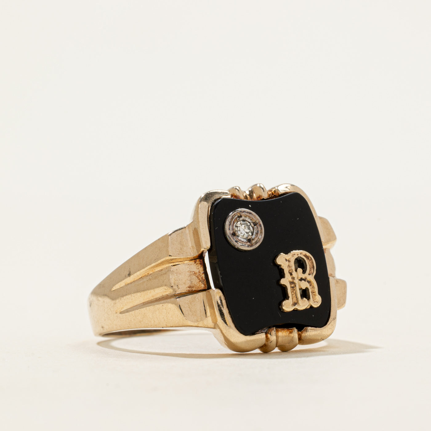Onyx & Diamond "R" Initial Grooved Signet Ring | 2.60ct, 0.01ct | SZ 12