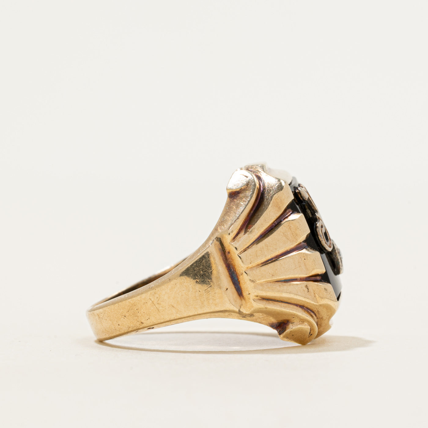 Onyx & Diamond "J" Initial Grooved Signet Ring | 2.27ct, 0.005ct | SZ 8.5