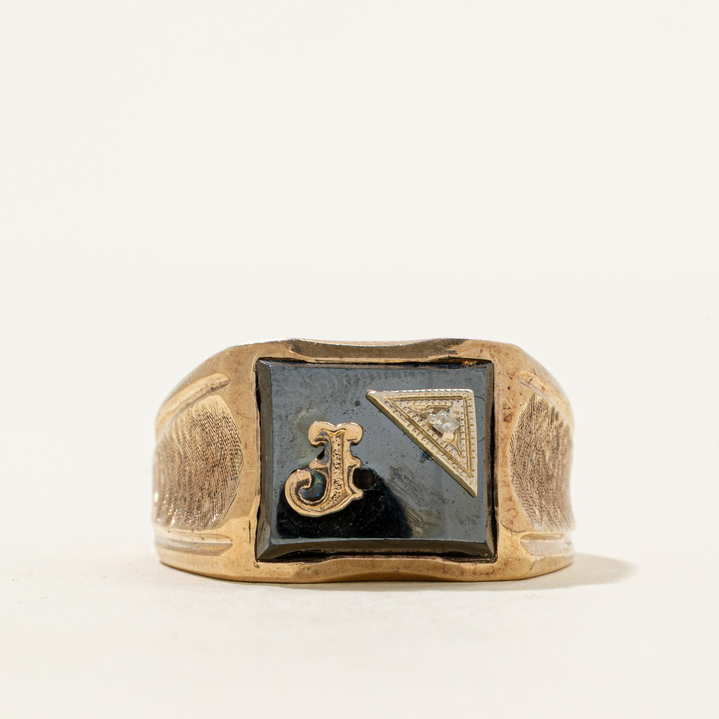 Hematite & Diamond "J" Initial Textured Signet Ring | 4.34ct, 0.005ct | SZ 9.5