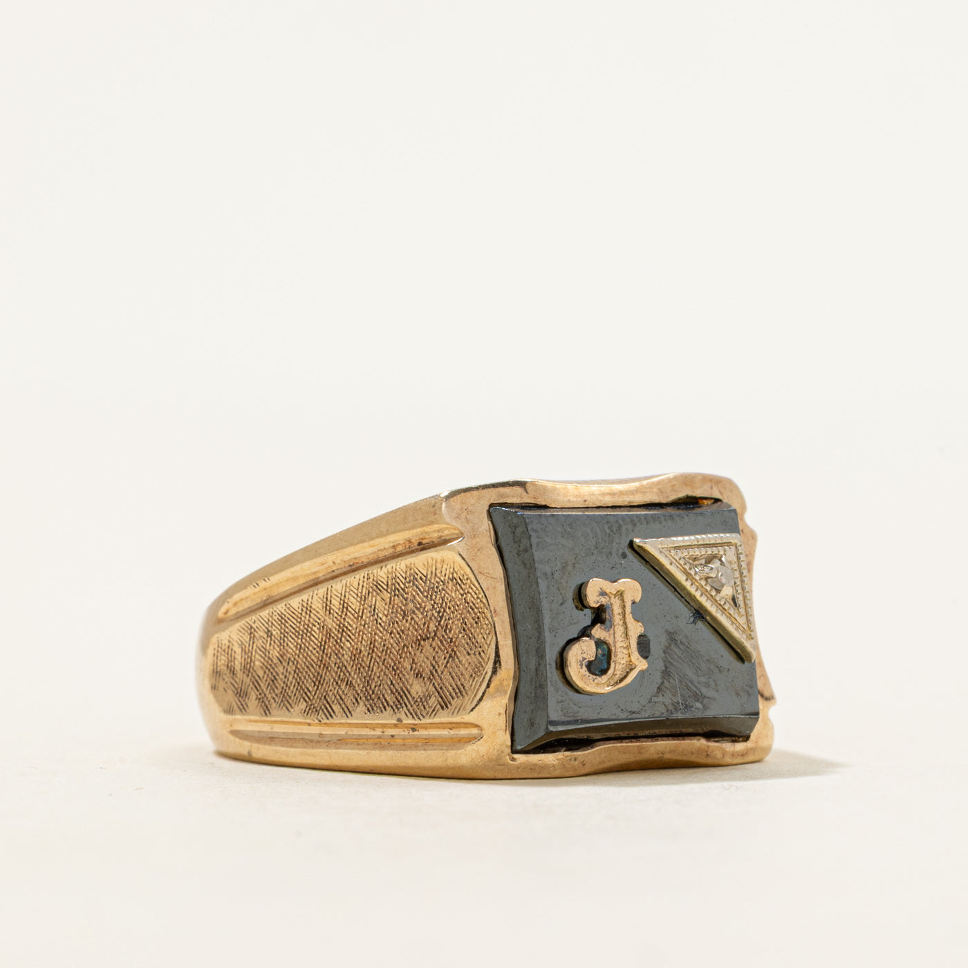Hematite & Diamond "J" Initial Textured Signet Ring | 4.34ct, 0.005ct | SZ 9.5