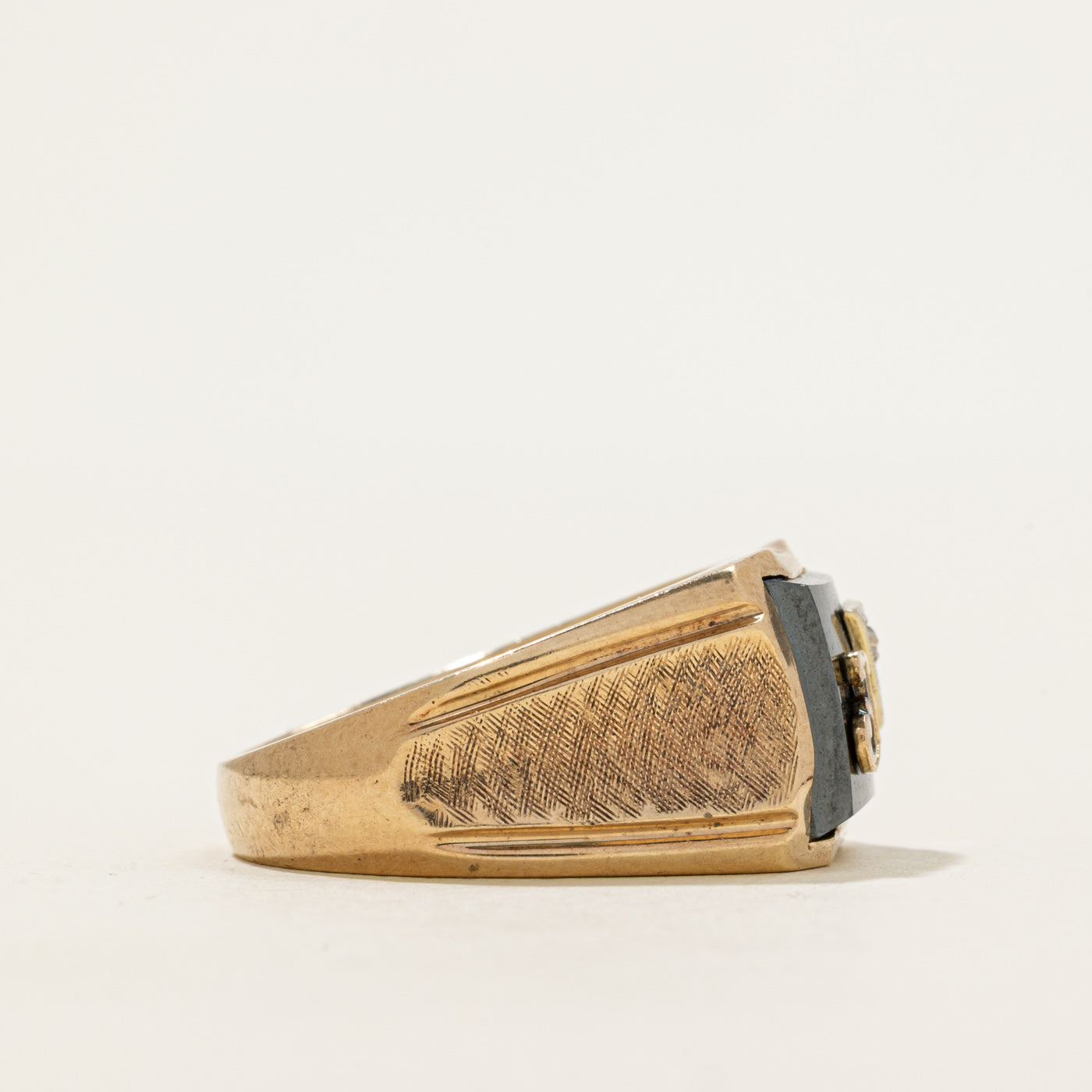 Hematite & Diamond "J" Initial Textured Signet Ring | 4.34ct, 0.005ct | SZ 9.5