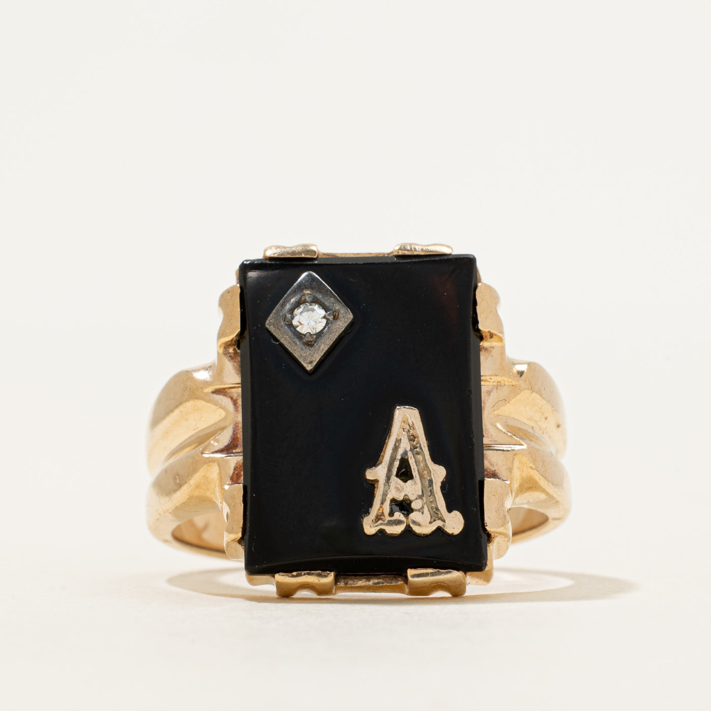 Onyx & Diamond "A" Initial Grooved Ring | 5.88ct, 0.02ct | SZ 9