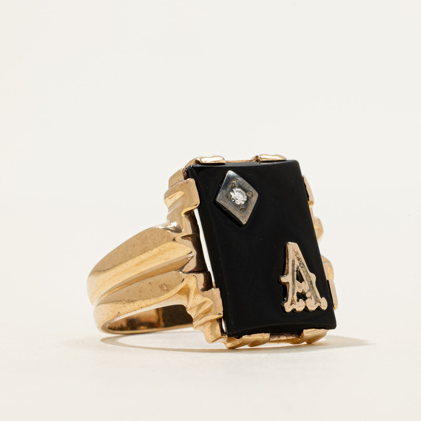 Onyx & Diamond "A" Initial Grooved Ring | 5.88ct, 0.02ct | SZ 9