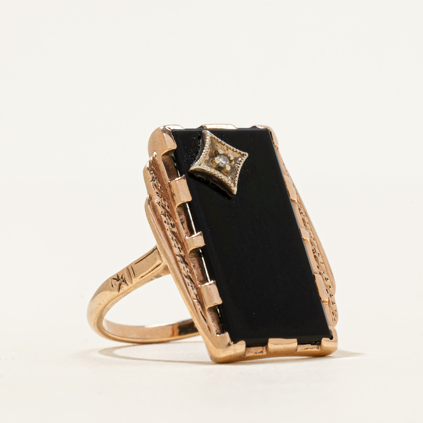 Rose Gold Onyx & Diamond Column Ring | 3.15ct, 0.005ct | SZ 7