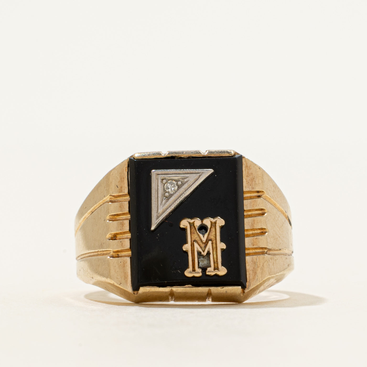Onyx & Diamond "M" Initial Grooved Signet Ring | 2.30ct, 0.002ct | SZ 7