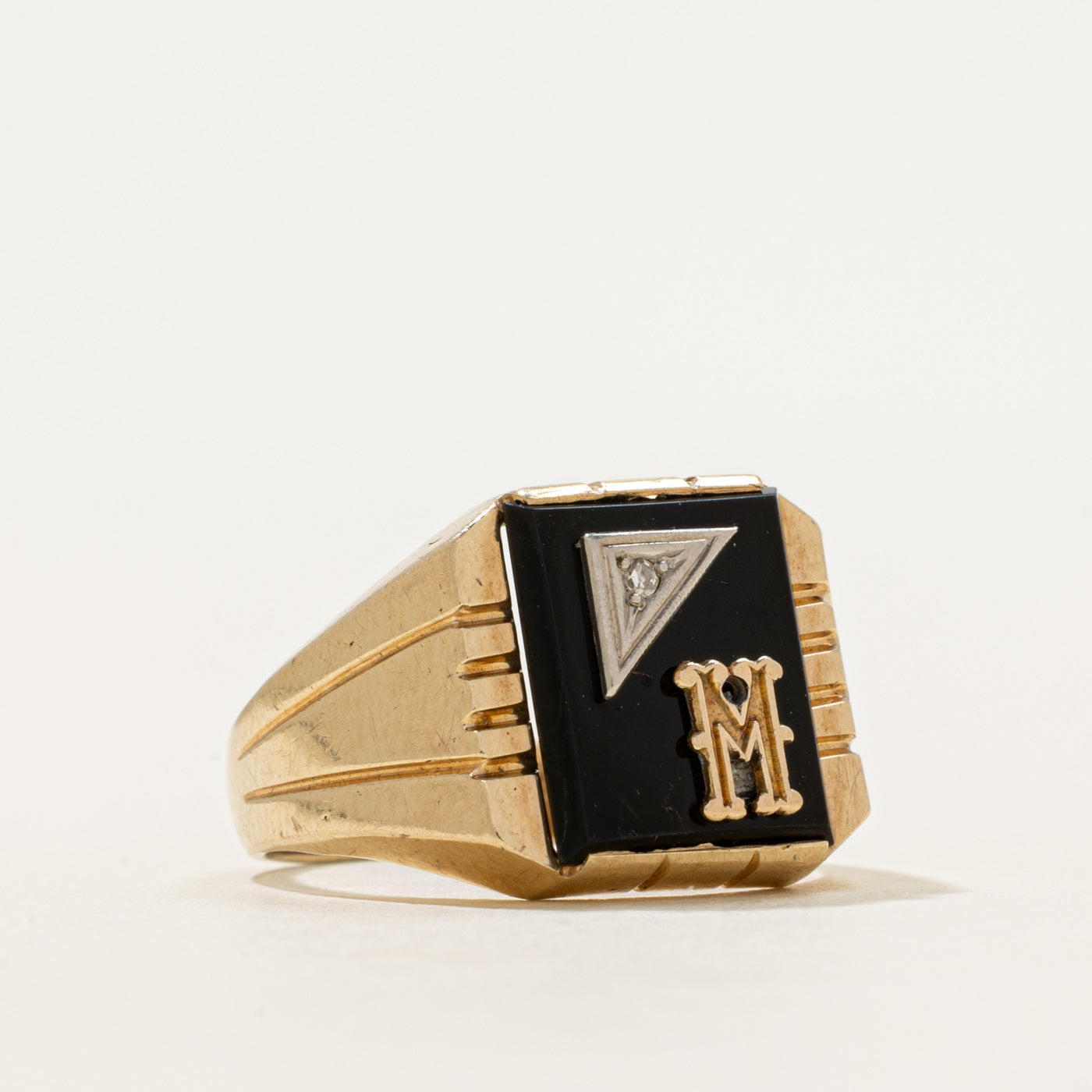 Onyx & Diamond "M" Initial Grooved Signet Ring | 2.30ct, 0.002ct | SZ 7
