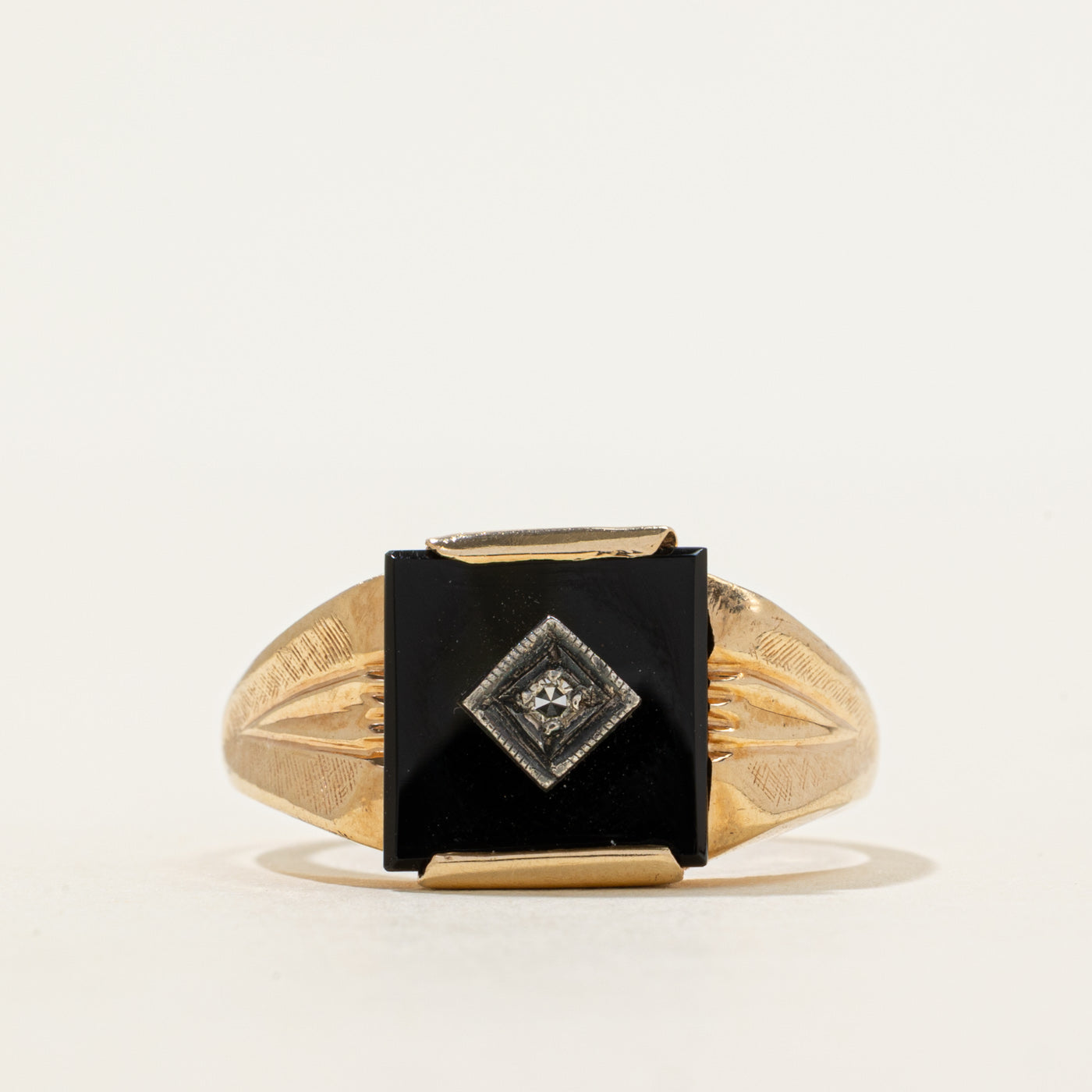 Onyx & Diamond Grooved Signet Ring | 2.15ct, 0.01ct | SZ 11