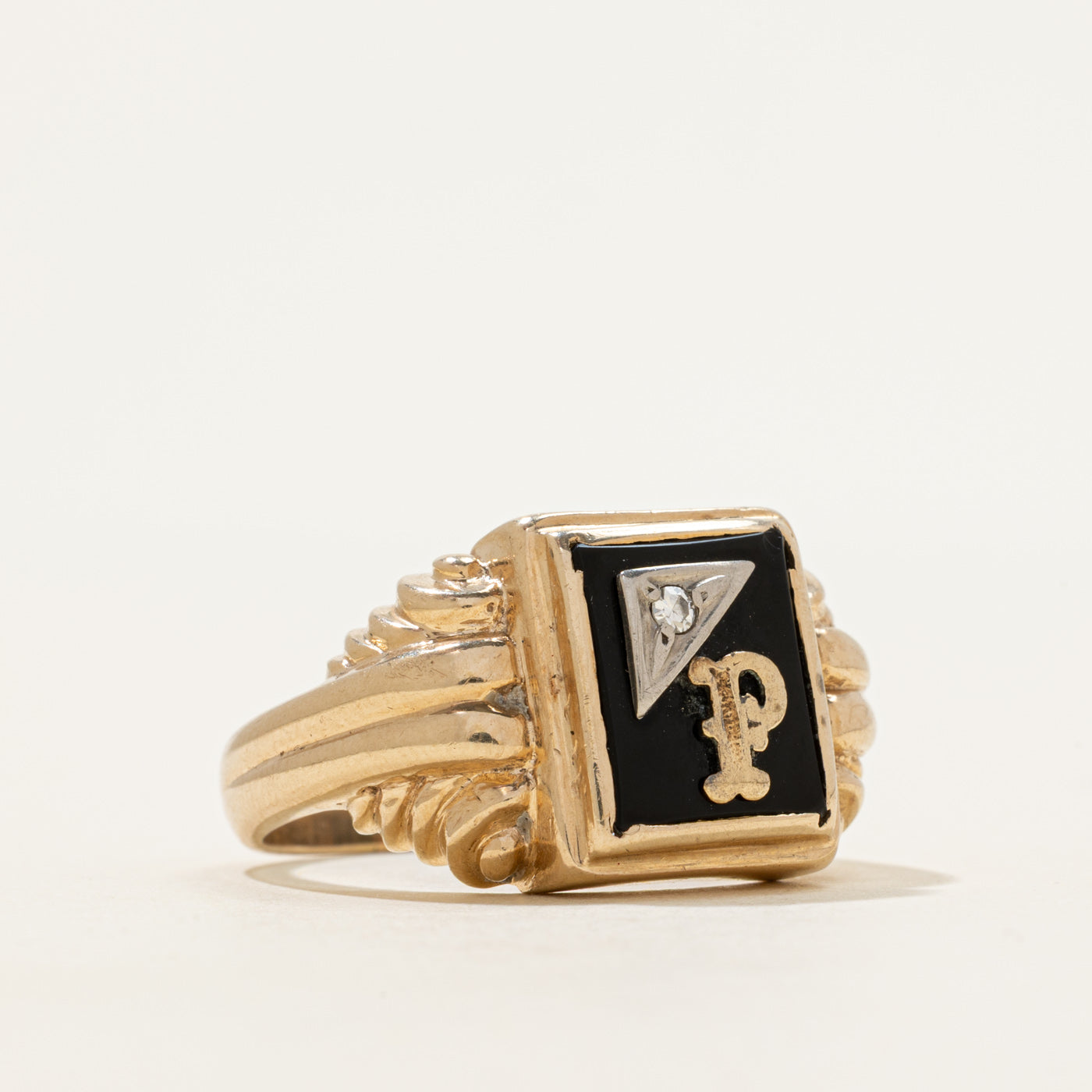 Onyx & Diamond "P" Initial Grooved Signet Ring | 2.40ct, 0.02ct | SZ 12