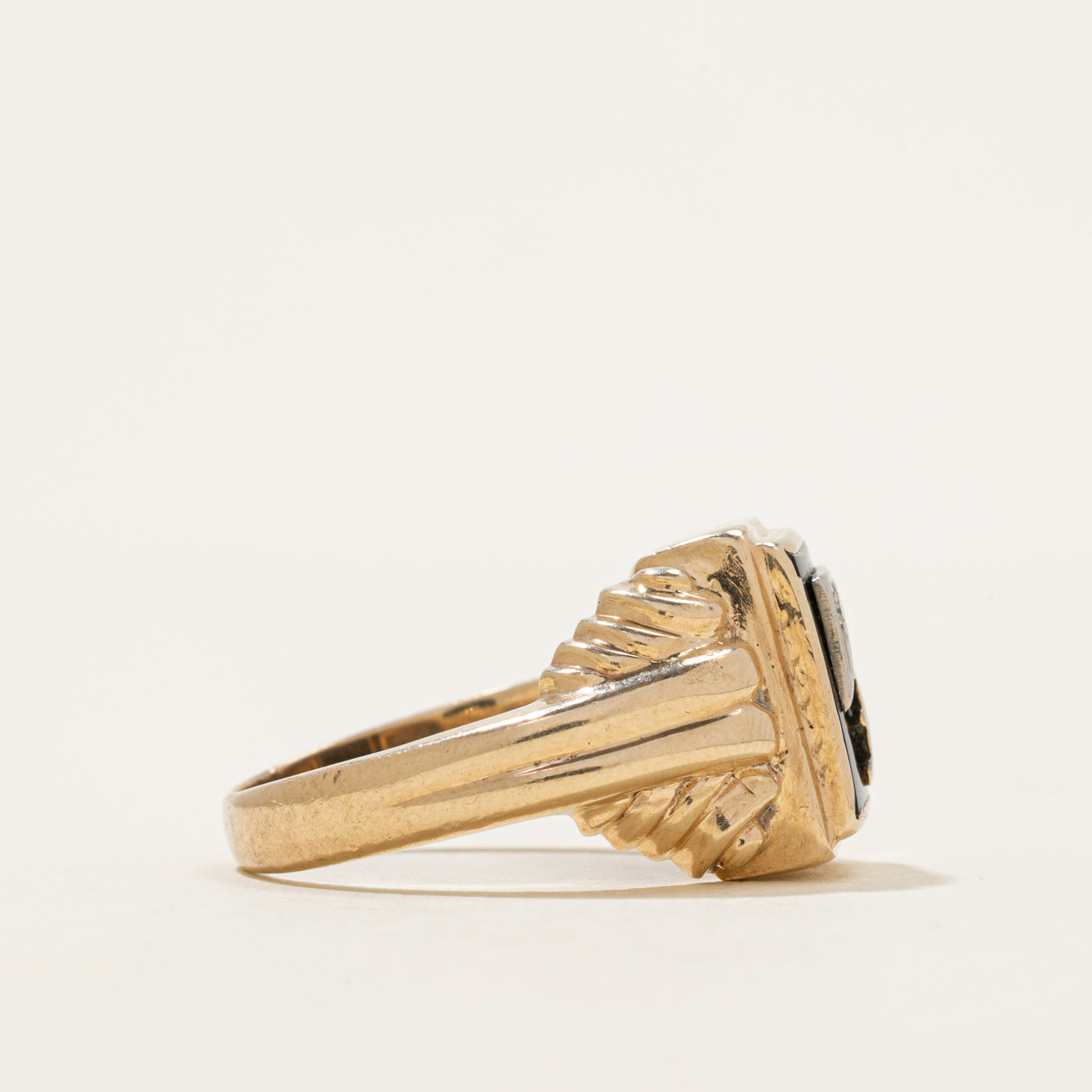 Onyx & Diamond "P" Initial Grooved Signet Ring | 2.40ct, 0.02ct | SZ 12