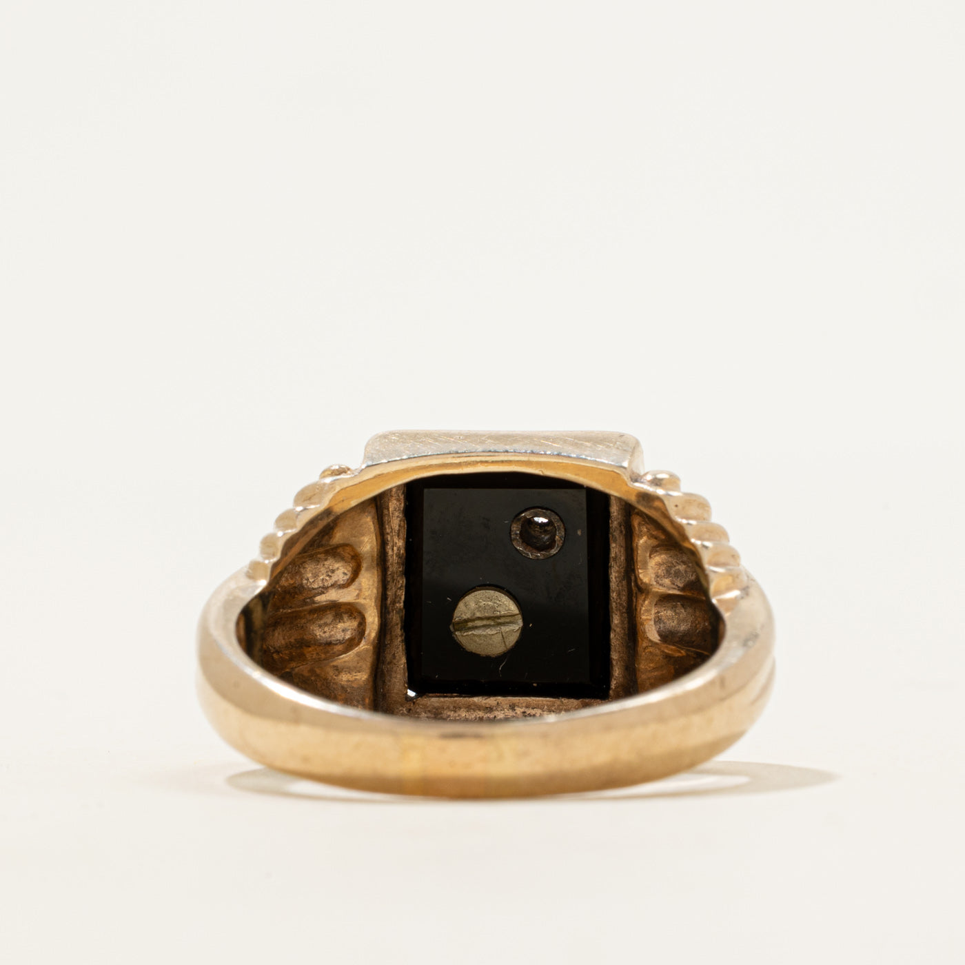 Onyx & Diamond "P" Initial Grooved Signet Ring | 2.40ct, 0.02ct | SZ 12