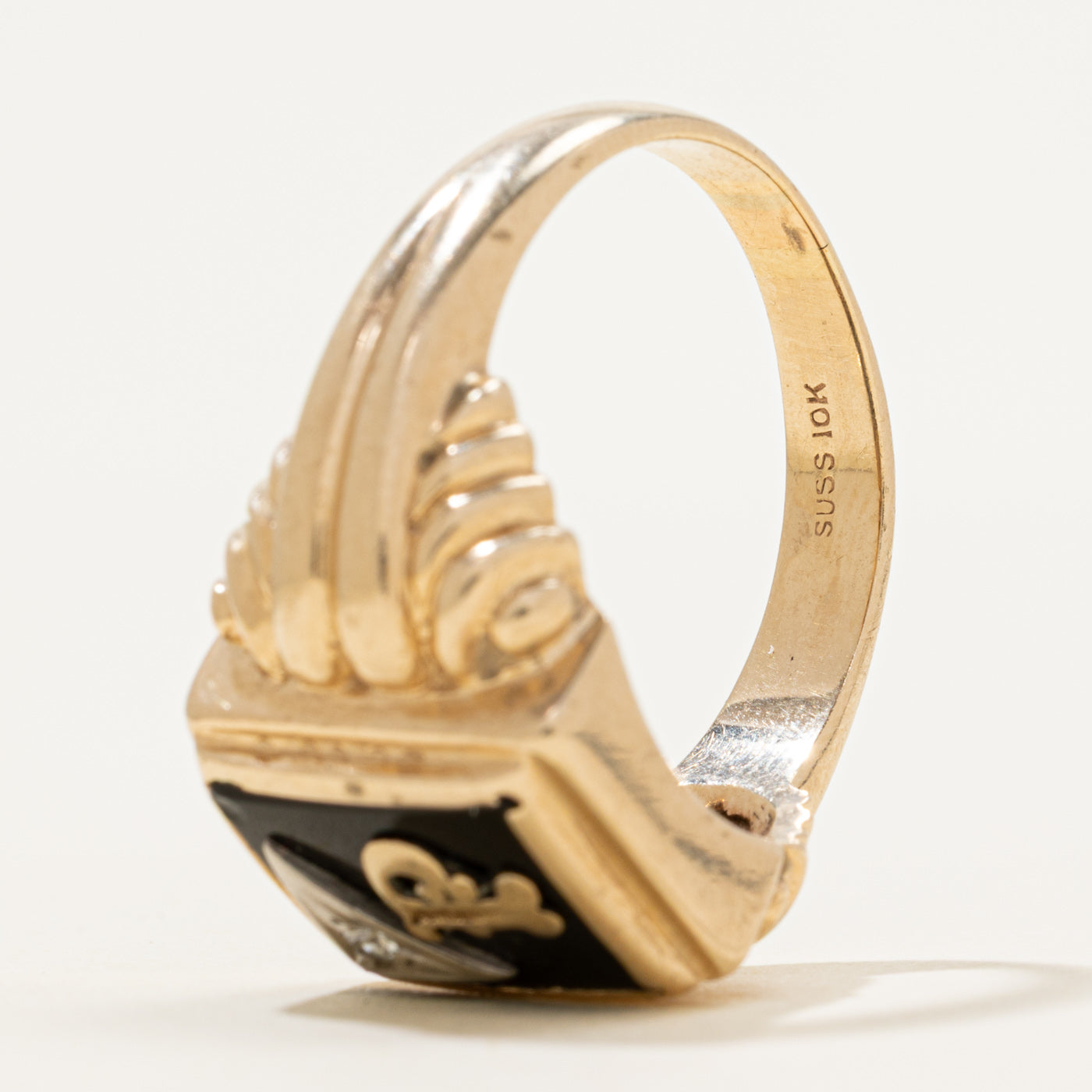 Onyx & Diamond "P" Initial Grooved Signet Ring | 2.40ct, 0.02ct | SZ 12