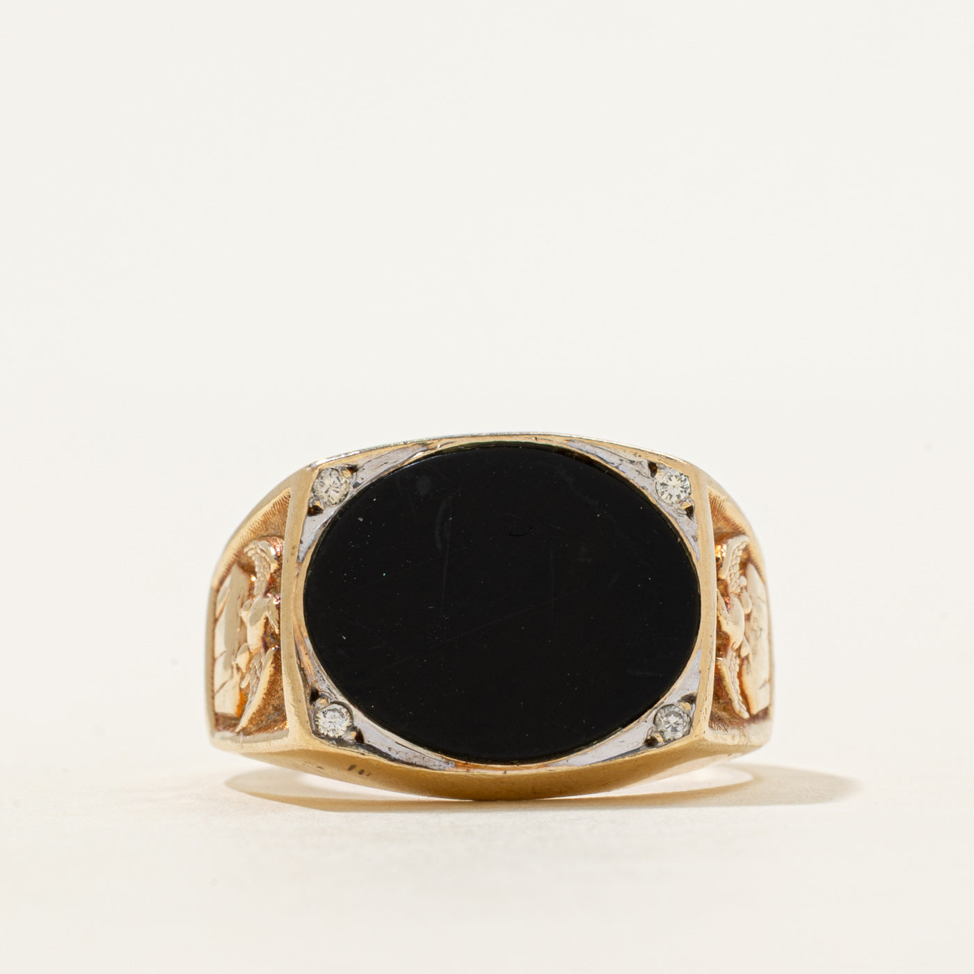 Onyx & Diamond Eagle Embossed Signet Ring | 2.62ct, 0.02ctw | SZ 8.25