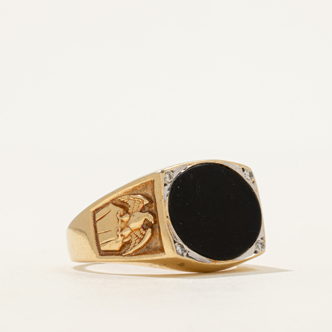 Onyx & Diamond Eagle Embossed Signet Ring | 2.62ct, 0.02ctw | SZ 8.25