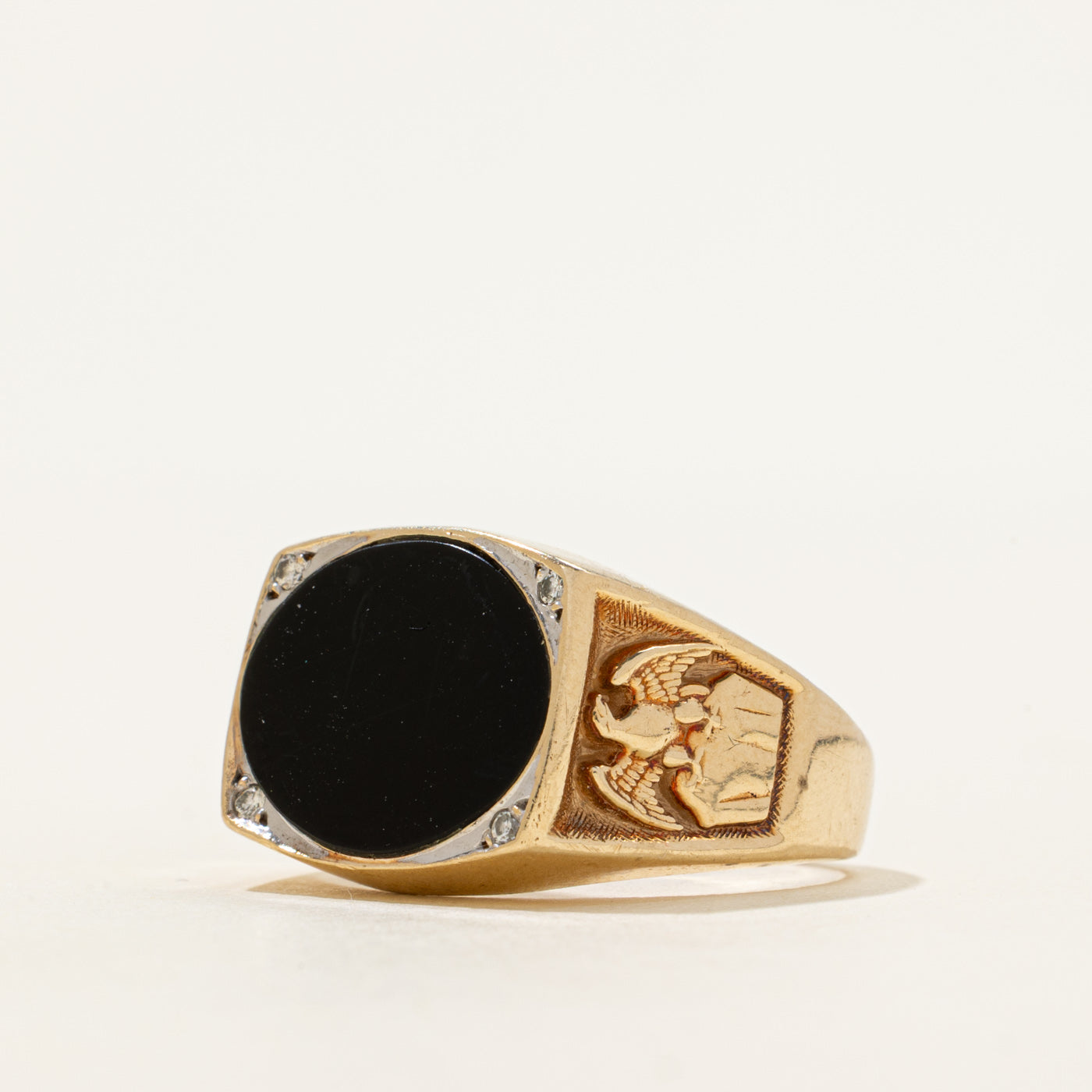 Onyx & Diamond Eagle Embossed Signet Ring | 2.62ct, 0.02ctw | SZ 8.25
