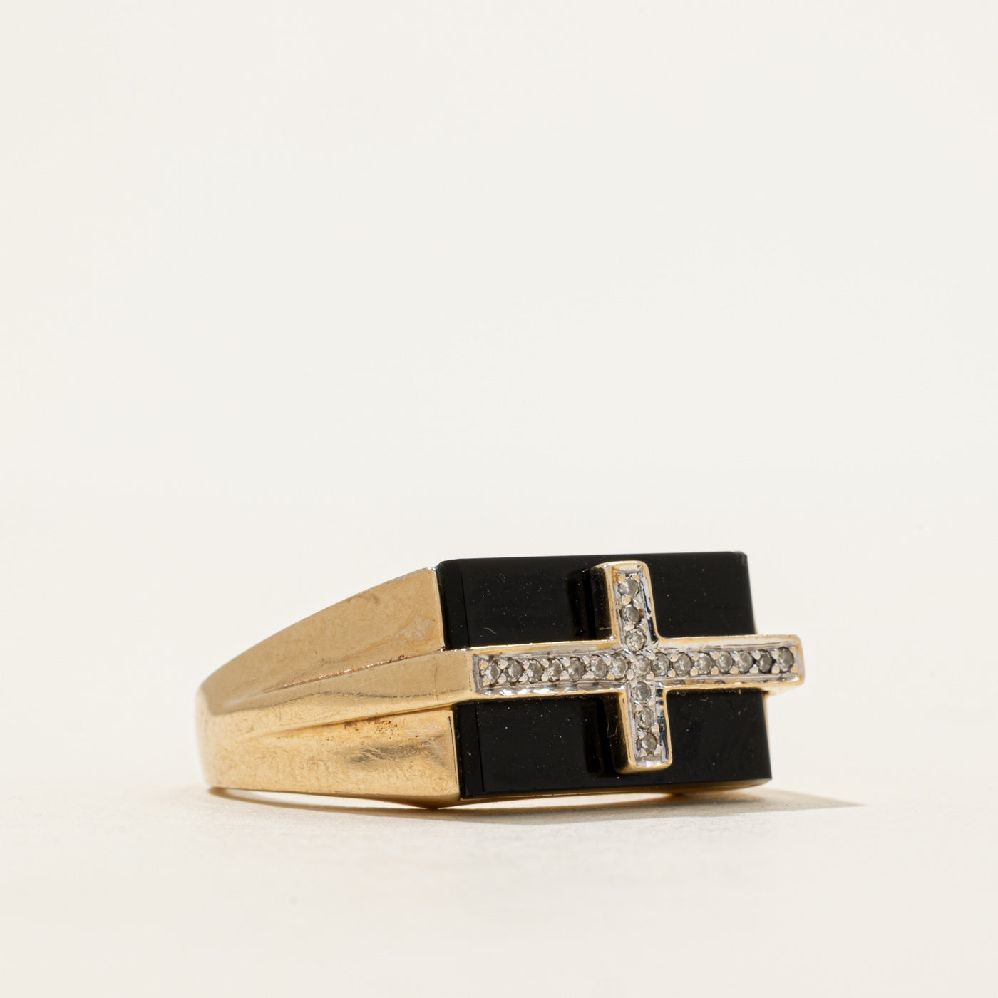 Onyx & Diamond Cross Signet Ring | 3.30ct, 0.04ctw | SZ 9.75