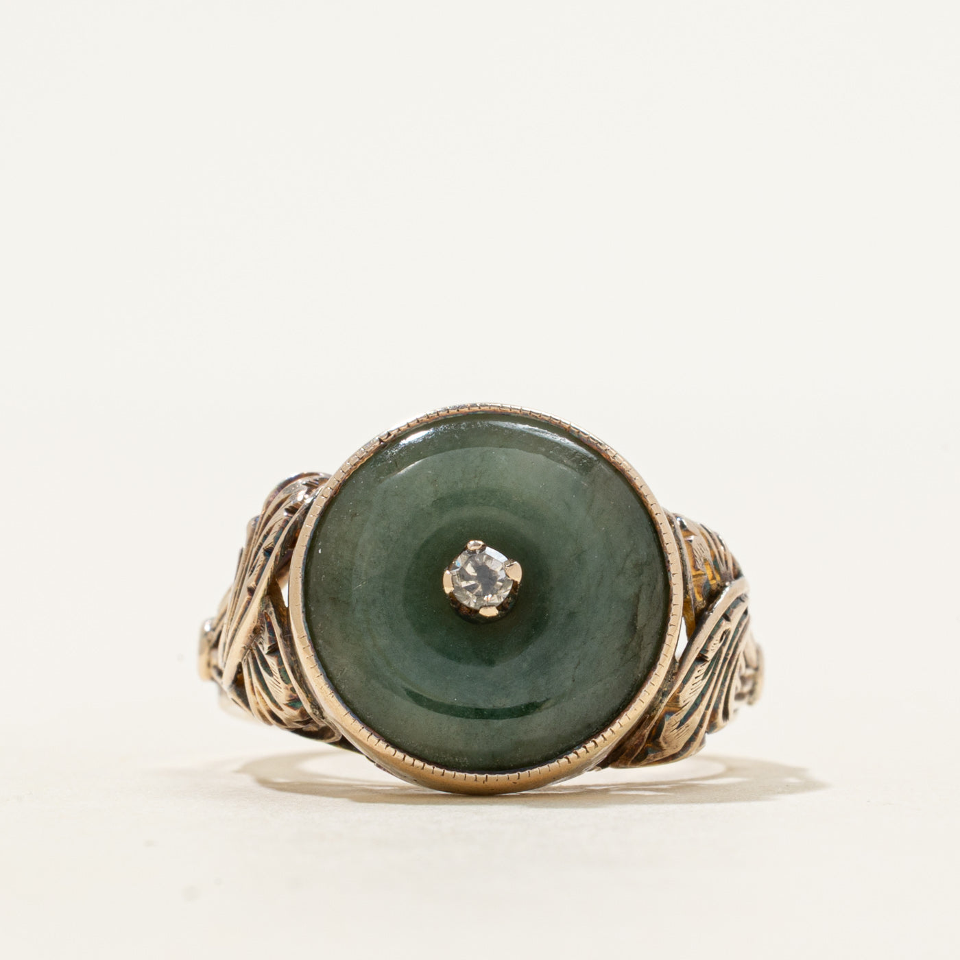 Donut Jadeite & Diamond Engraved Ring | 4.00ct, 0.04ct | SZ 7