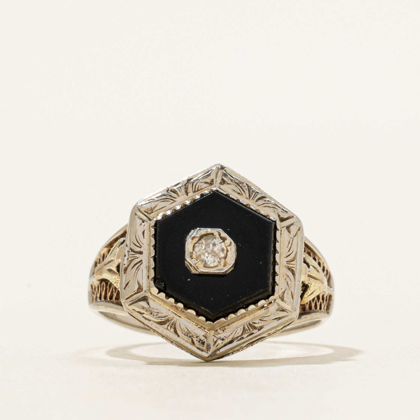 Onyx & Diamond Ornate Engraved Ring | 0.60ct, 0.02ct | SZ 3.5