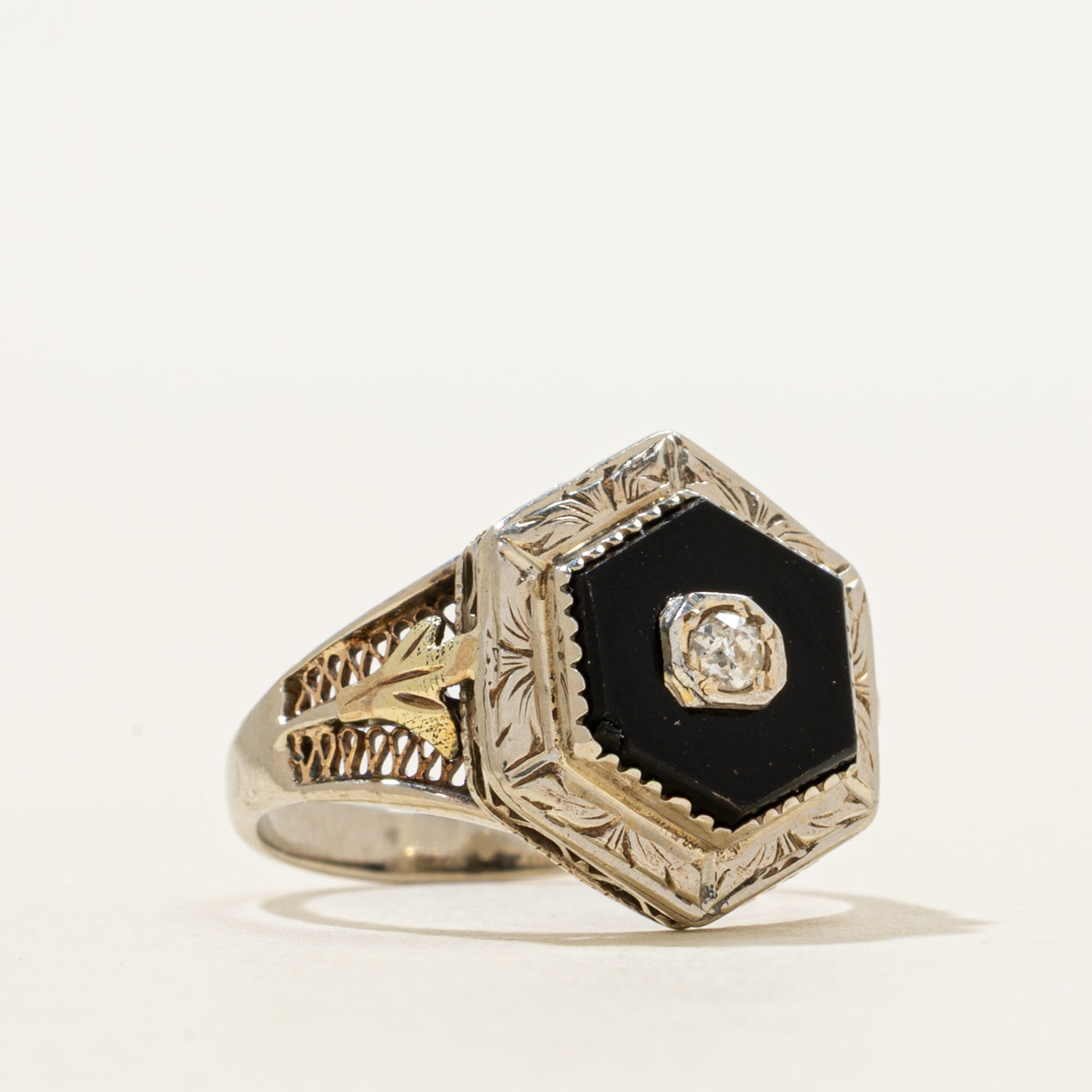 Onyx & Diamond Ornate Engraved Ring | 0.60ct, 0.02ct | SZ 3.5