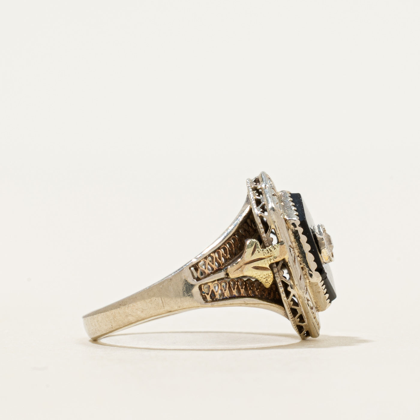 Onyx & Diamond Ornate Engraved Ring | 0.60ct, 0.02ct | SZ 3.5