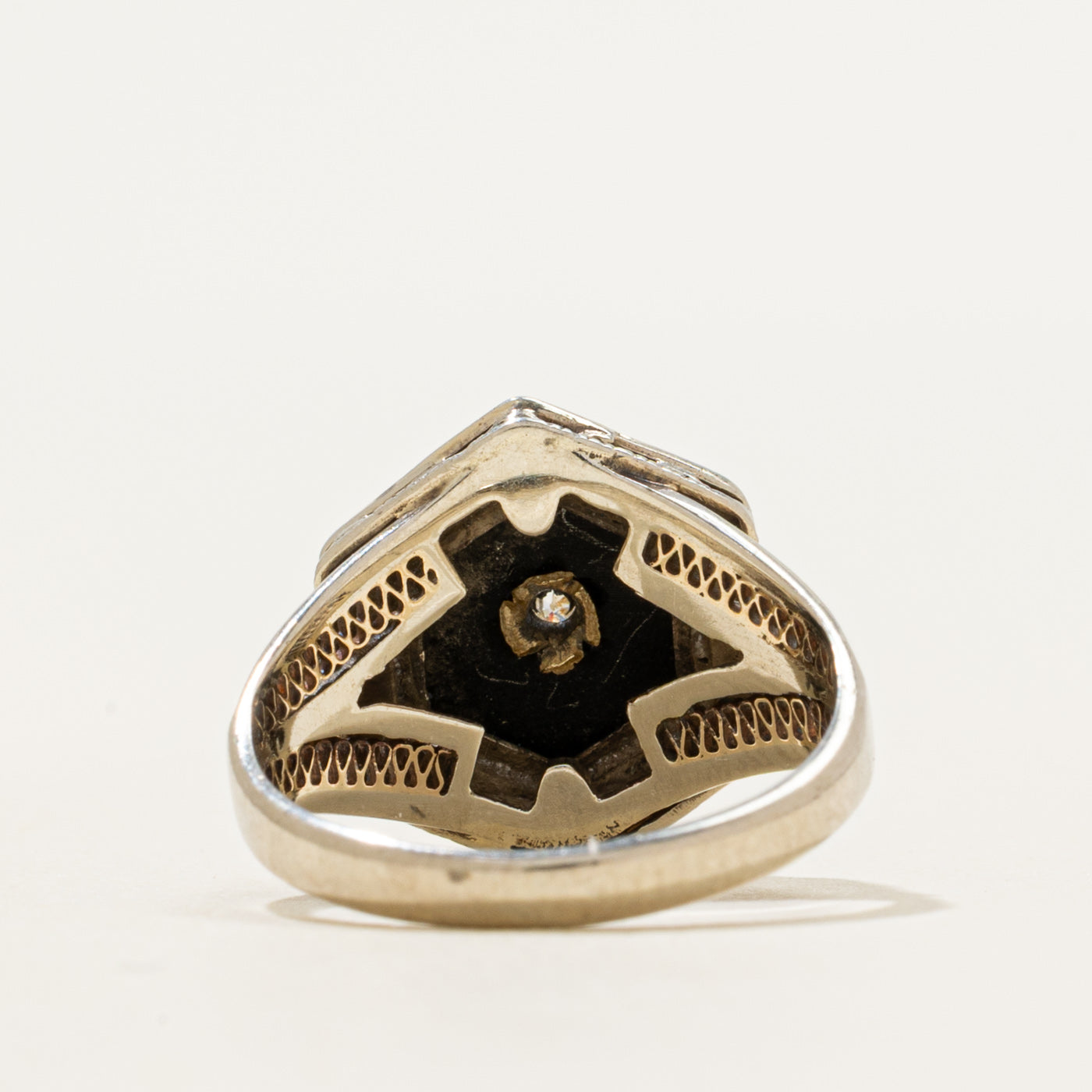 Onyx & Diamond Ornate Engraved Ring | 0.60ct, 0.02ct | SZ 3.5