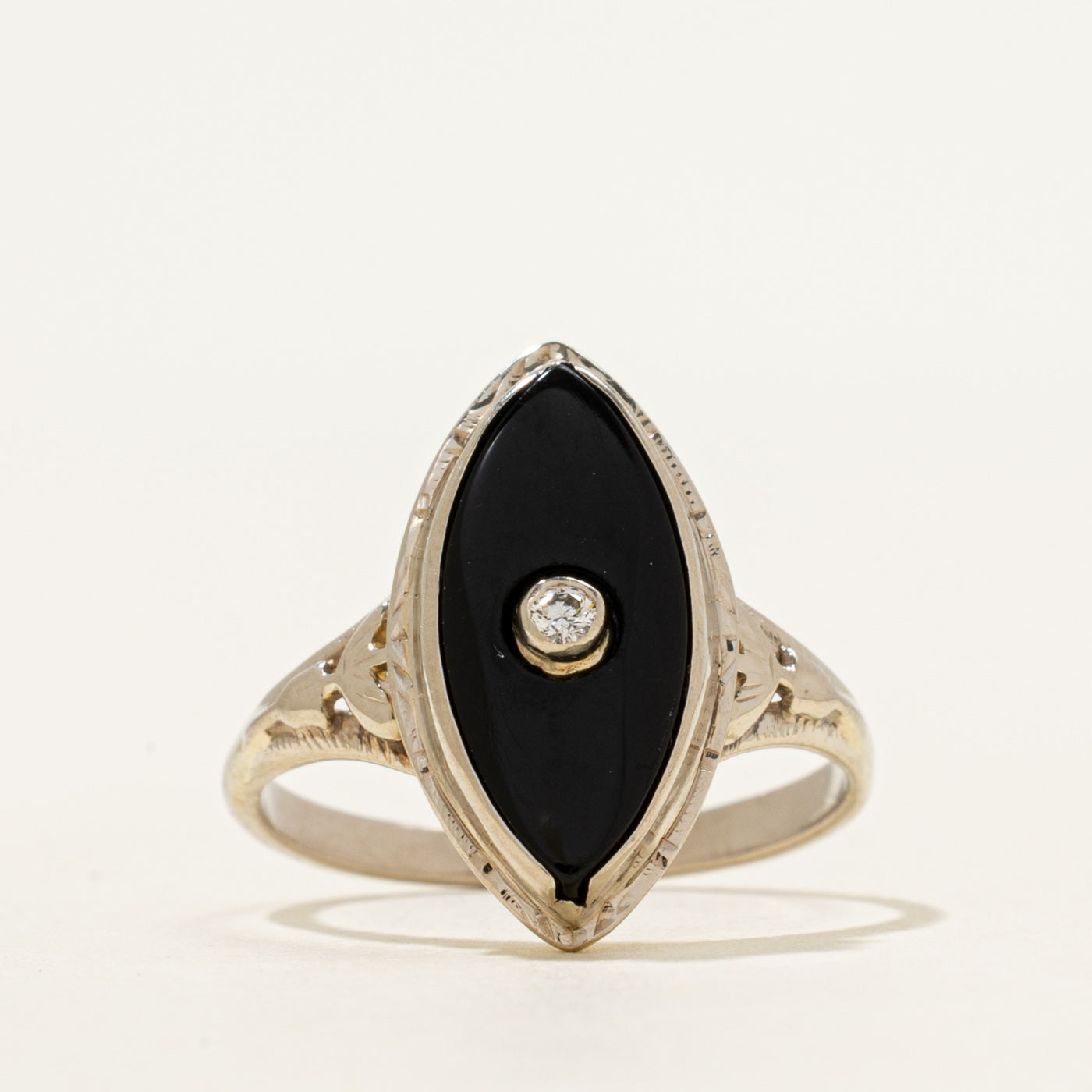Vintage Onyx & Diamond Navette Ring | 2.05ct, 0.02ct | SZ 5.25