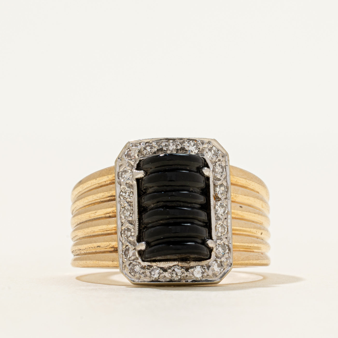 Onyx & Diamond Halo Grooved Ring | 2.01ct, 0.20ctw | SZ 7.25