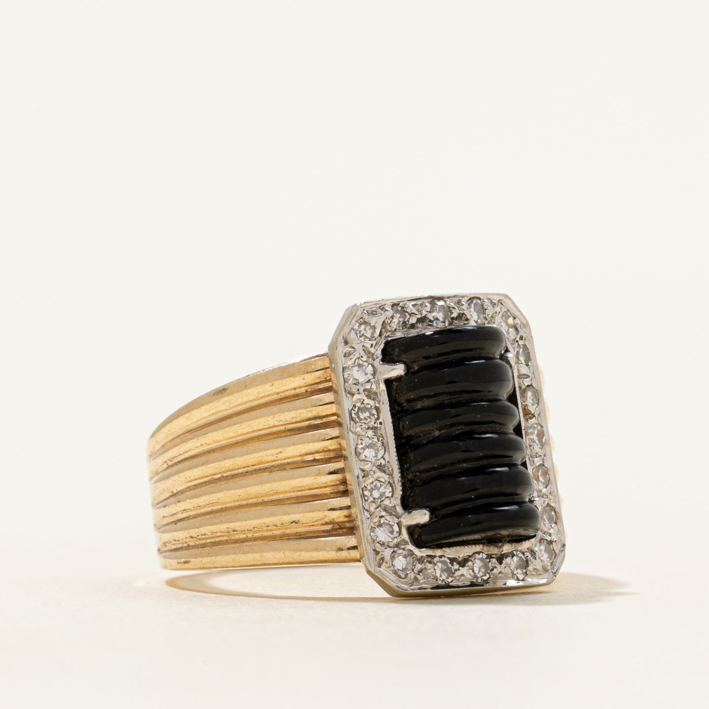 Onyx & Diamond Halo Grooved Ring | 2.01ct, 0.20ctw | SZ 7.25