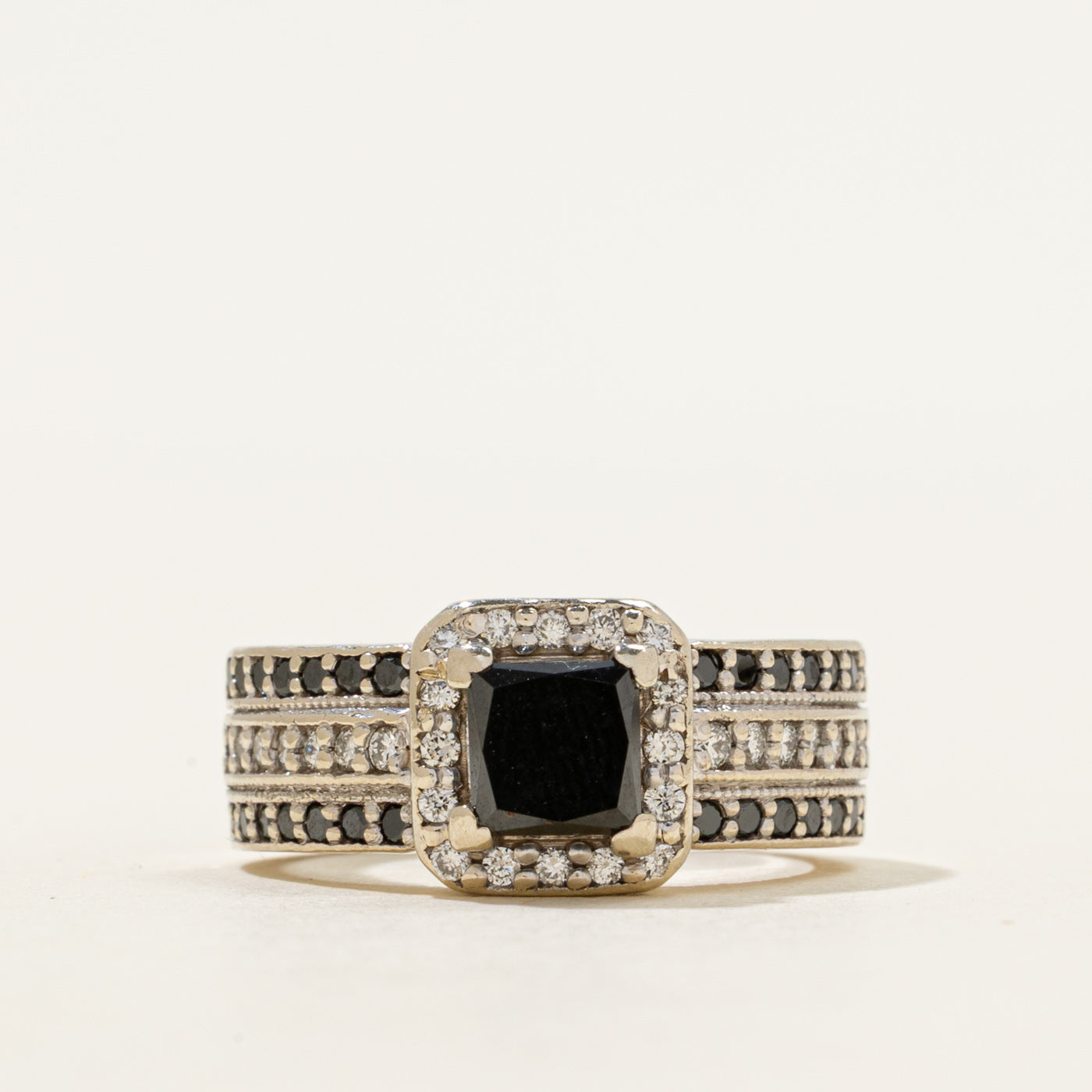Princess Cut Black & White Diamond Halo Ring | 1.23ctw | SZ 5.5