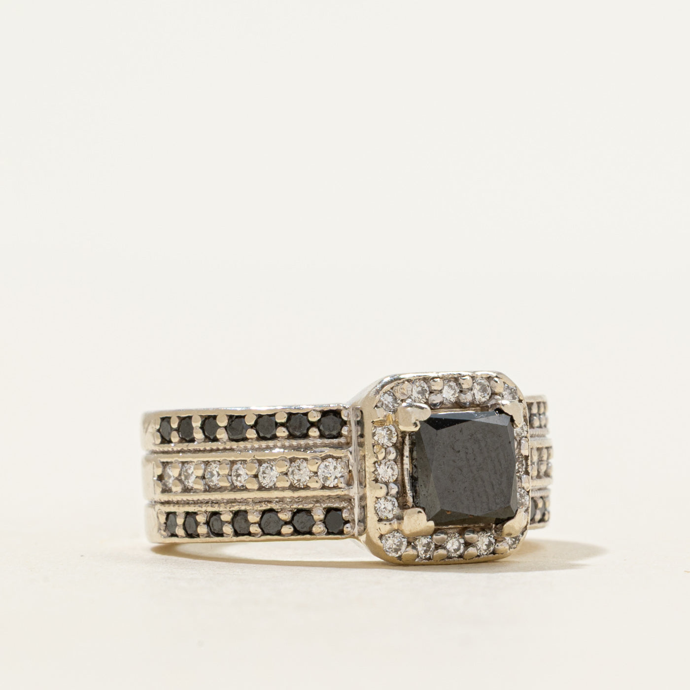 Princess Cut Black & White Diamond Halo Ring | 1.23ctw | SZ 5.5