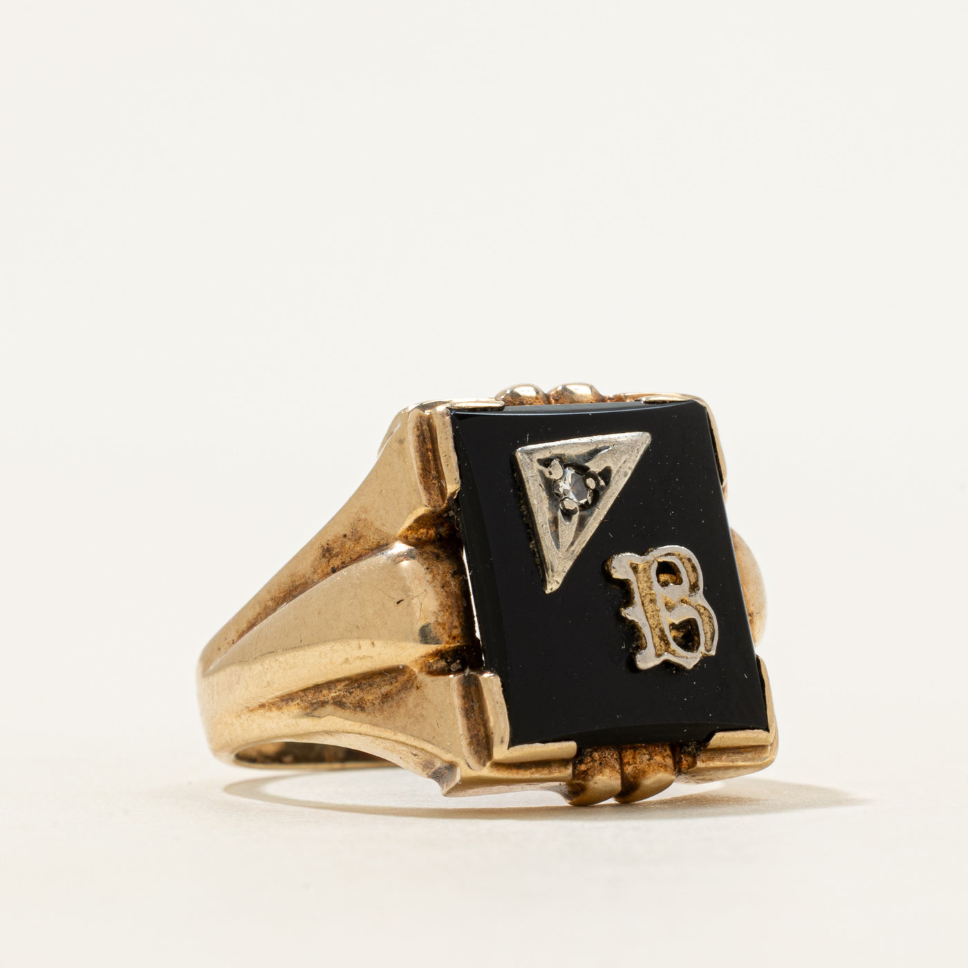 Cabochon Onyx & Diamond "B" Initial Signet Ring | 3.06ct, 0.03ct | SZ 8.5