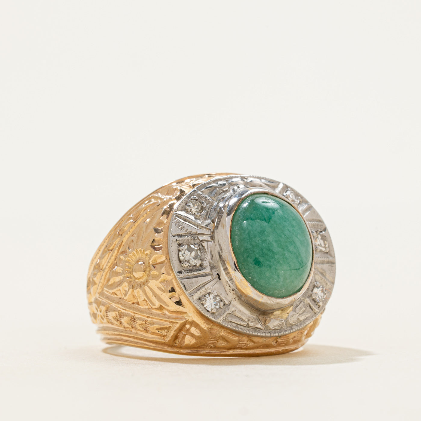 18k Two-Tone Jadeite & Diamond Engraved Dome Ring | 4.48ct, 0.18ctw | SZ 9