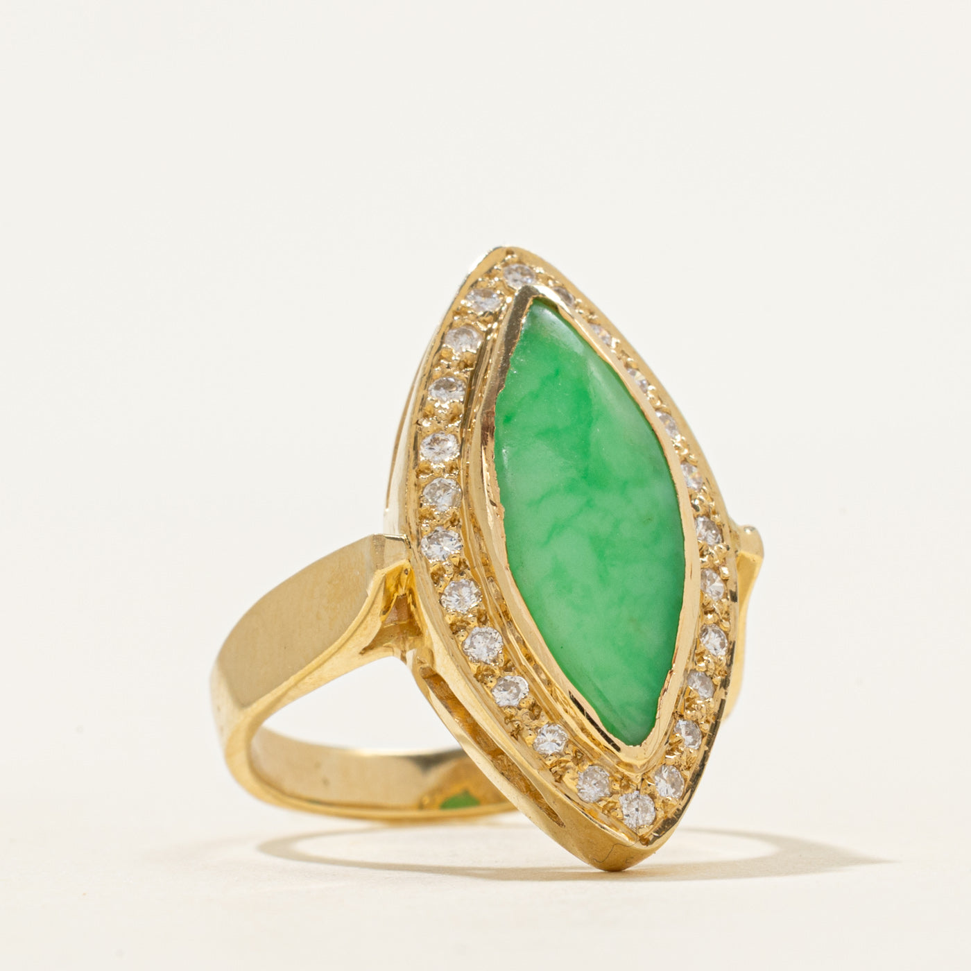 18k Jadeite & Diamond Halo Navette Ring | 4.30ct, 0.12ctw | SZ 6.5