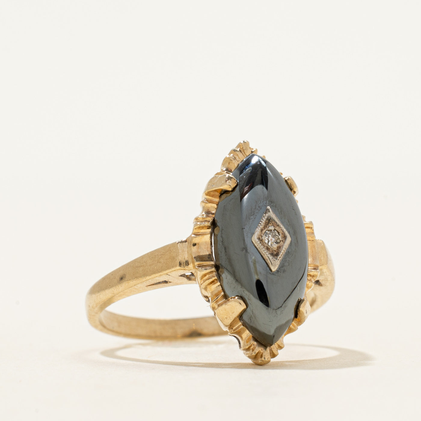 Cabochon Hematite & Diamond Grooved Navette Ring | 4.25ct, 0.005ct | SZ 6.5