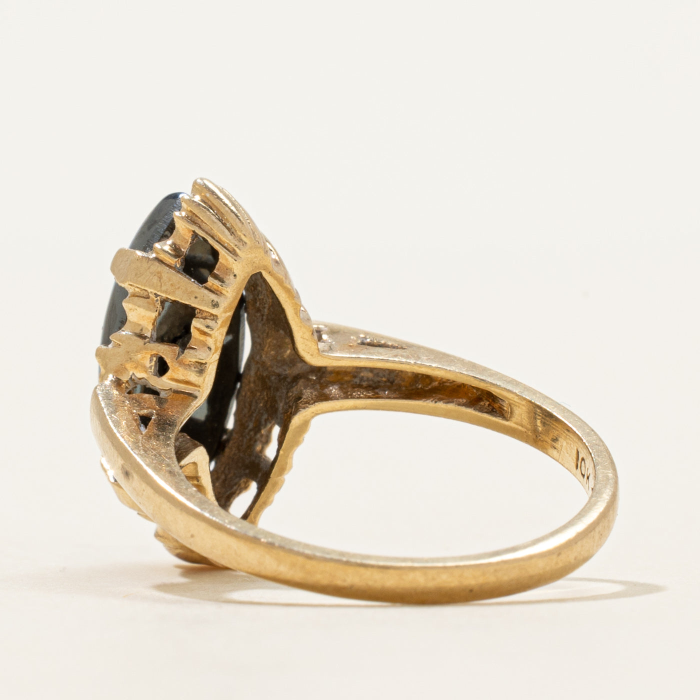 Cabochon Hematite & Diamond Grooved Navette Ring | 4.25ct, 0.005ct | SZ 6.5