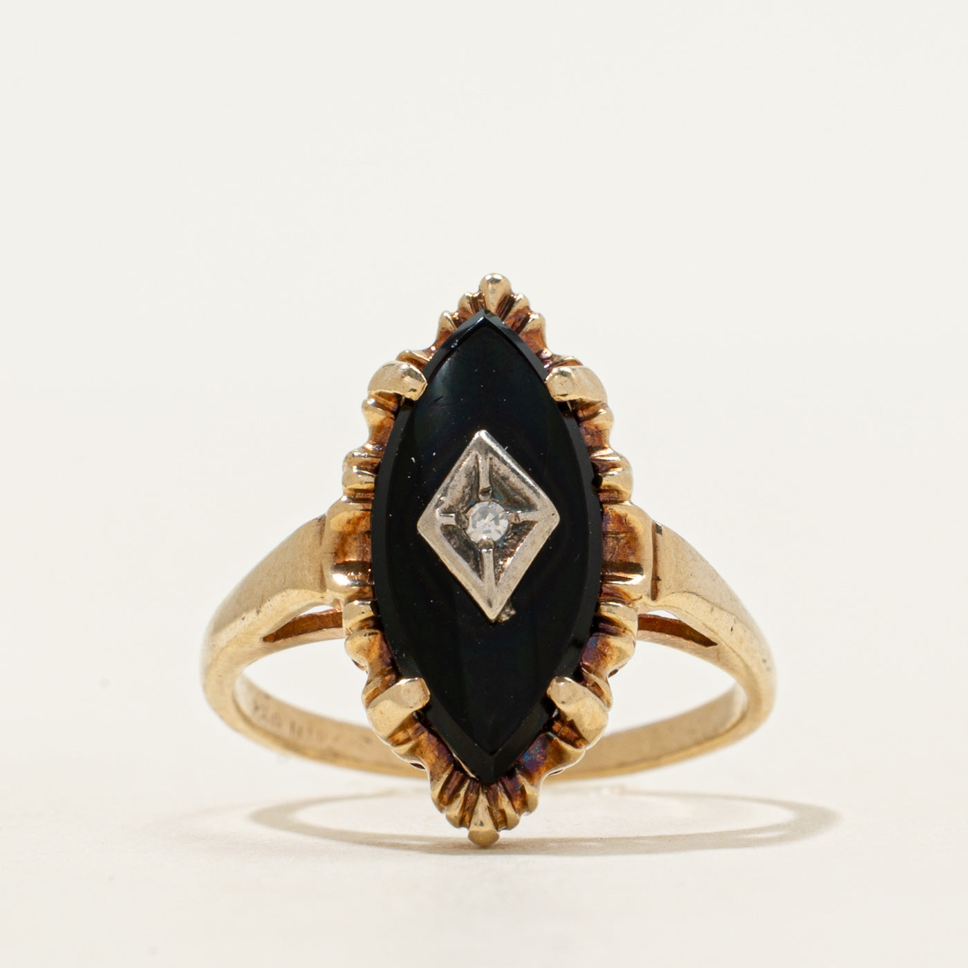 Cabochon Onyx & Diamond Navette Ring | 1.97ct, 0.005ct | SZ 5.5