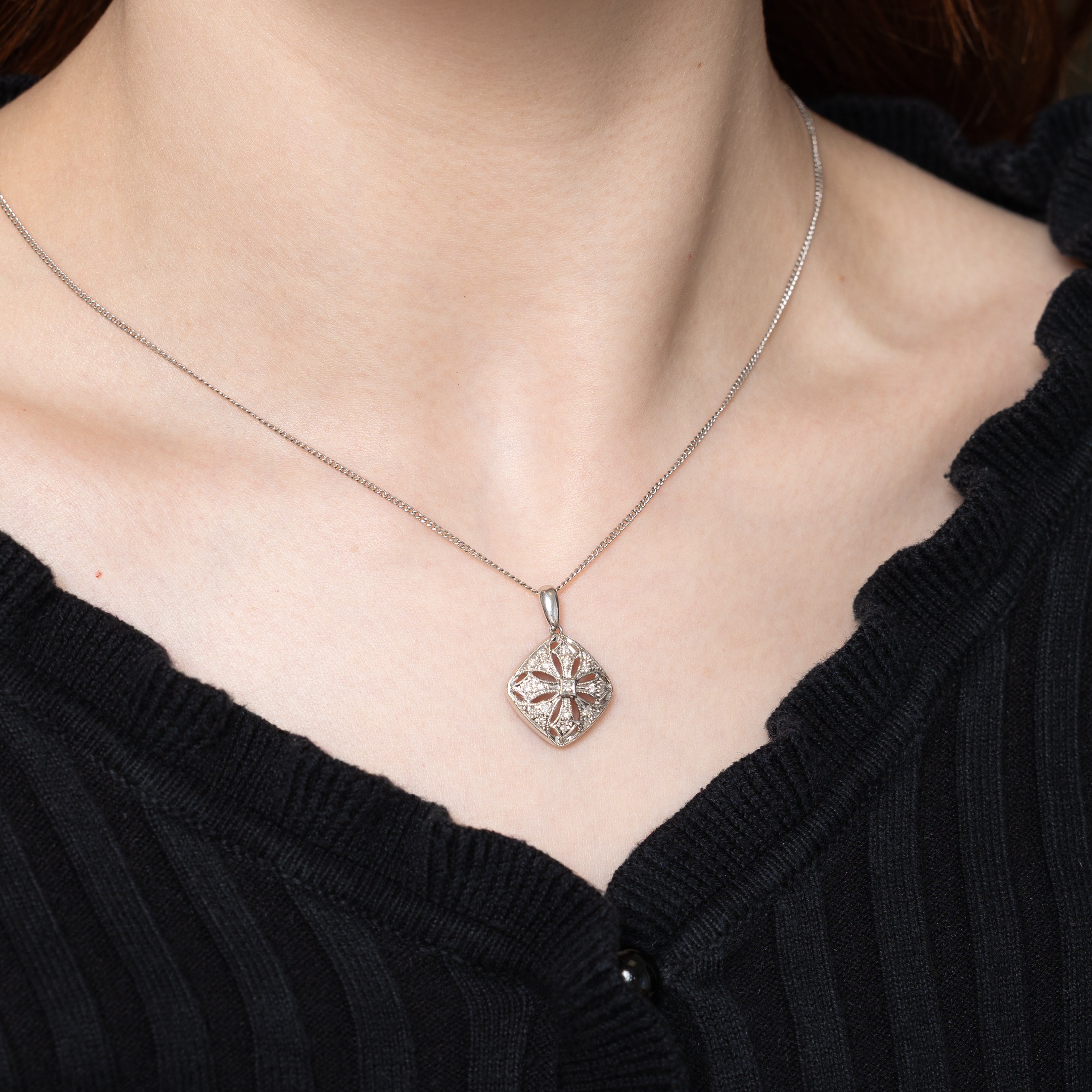 Diamond Milgrained Ornate Soft-Square Pendant | 0.15ctw