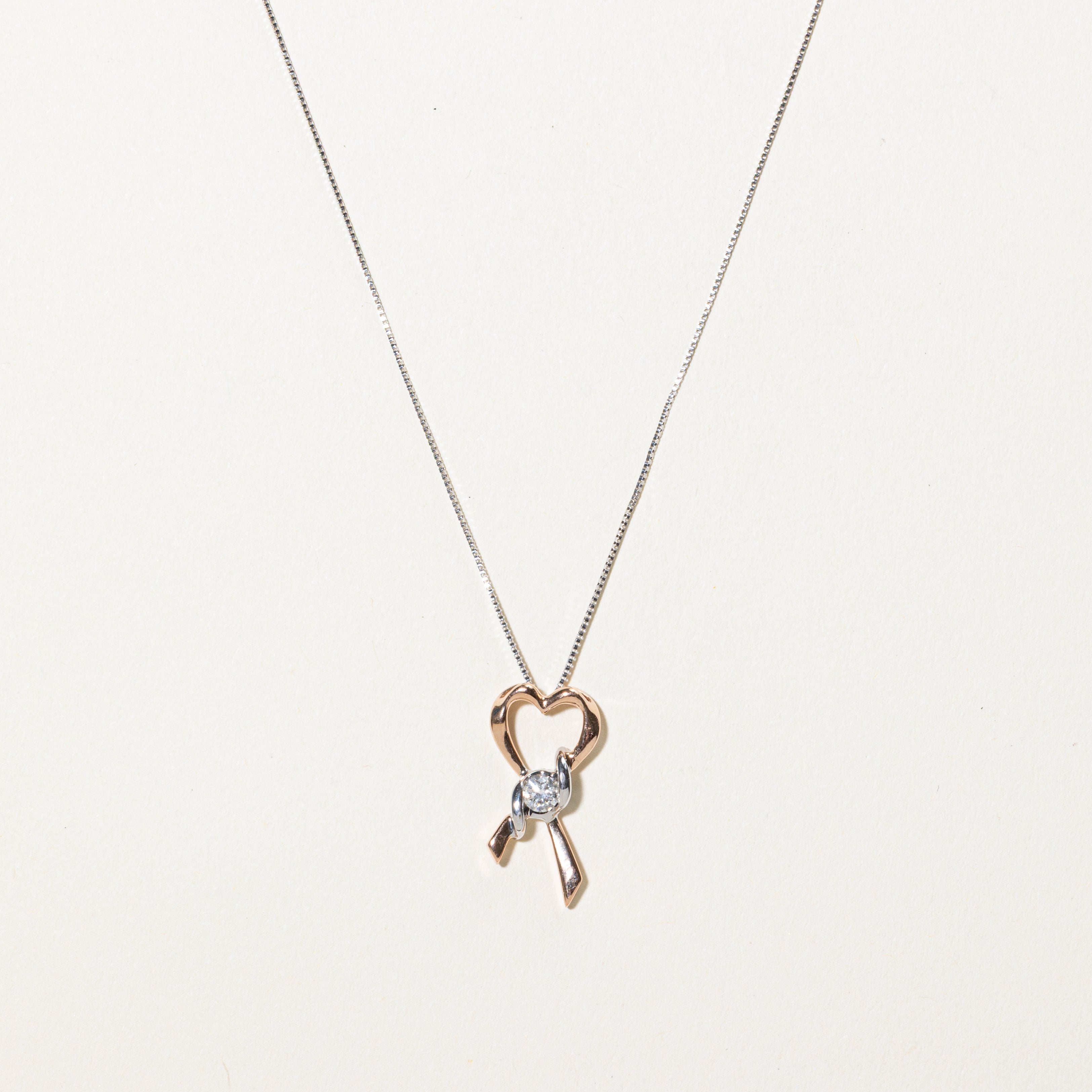 Two-Tone Diamond Heart Ribbon Pendant Necklace | 0.10ct | 20"