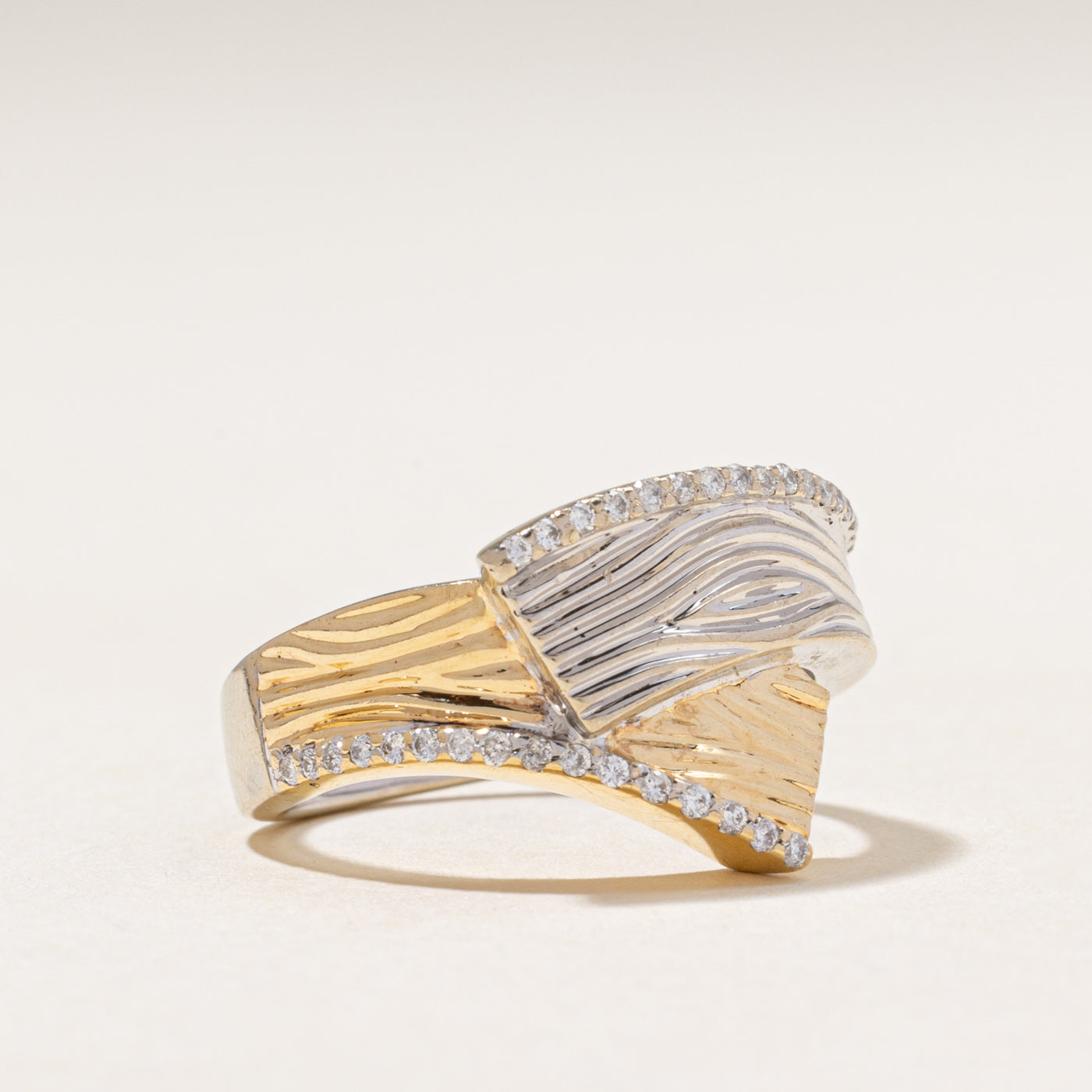 Two Tone Diamond Engraved Bypass Ring | 0.16ctw | SZ 7.25