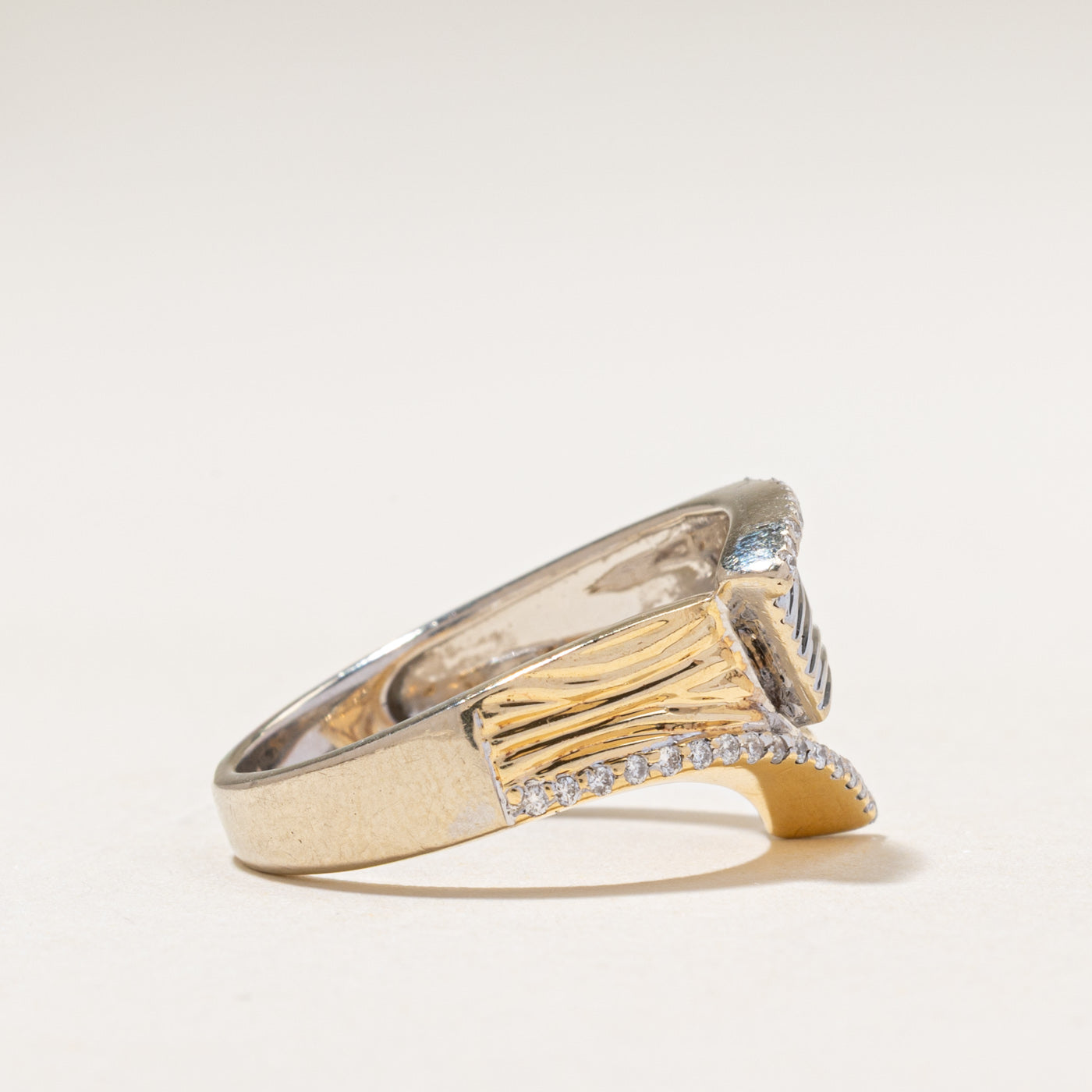 Two Tone Diamond Engraved Bypass Ring | 0.16ctw | SZ 7.25