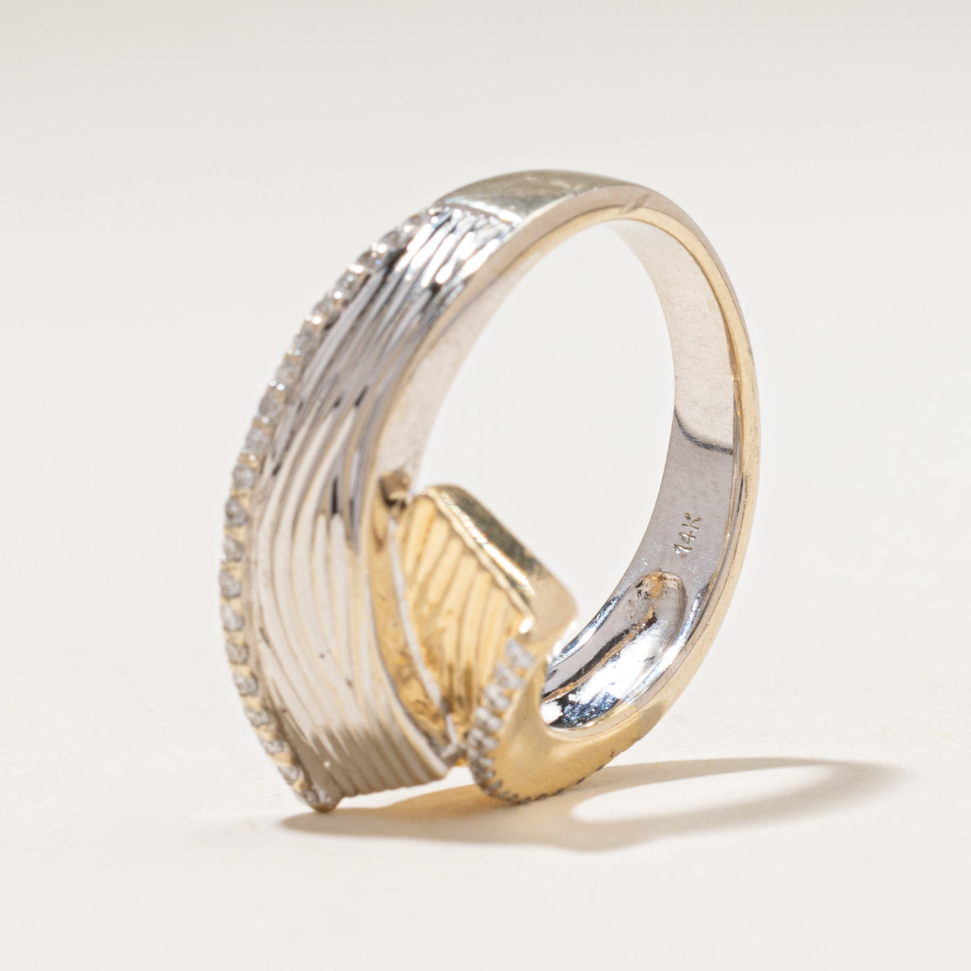 Two Tone Diamond Engraved Bypass Ring | 0.16ctw | SZ 7.25