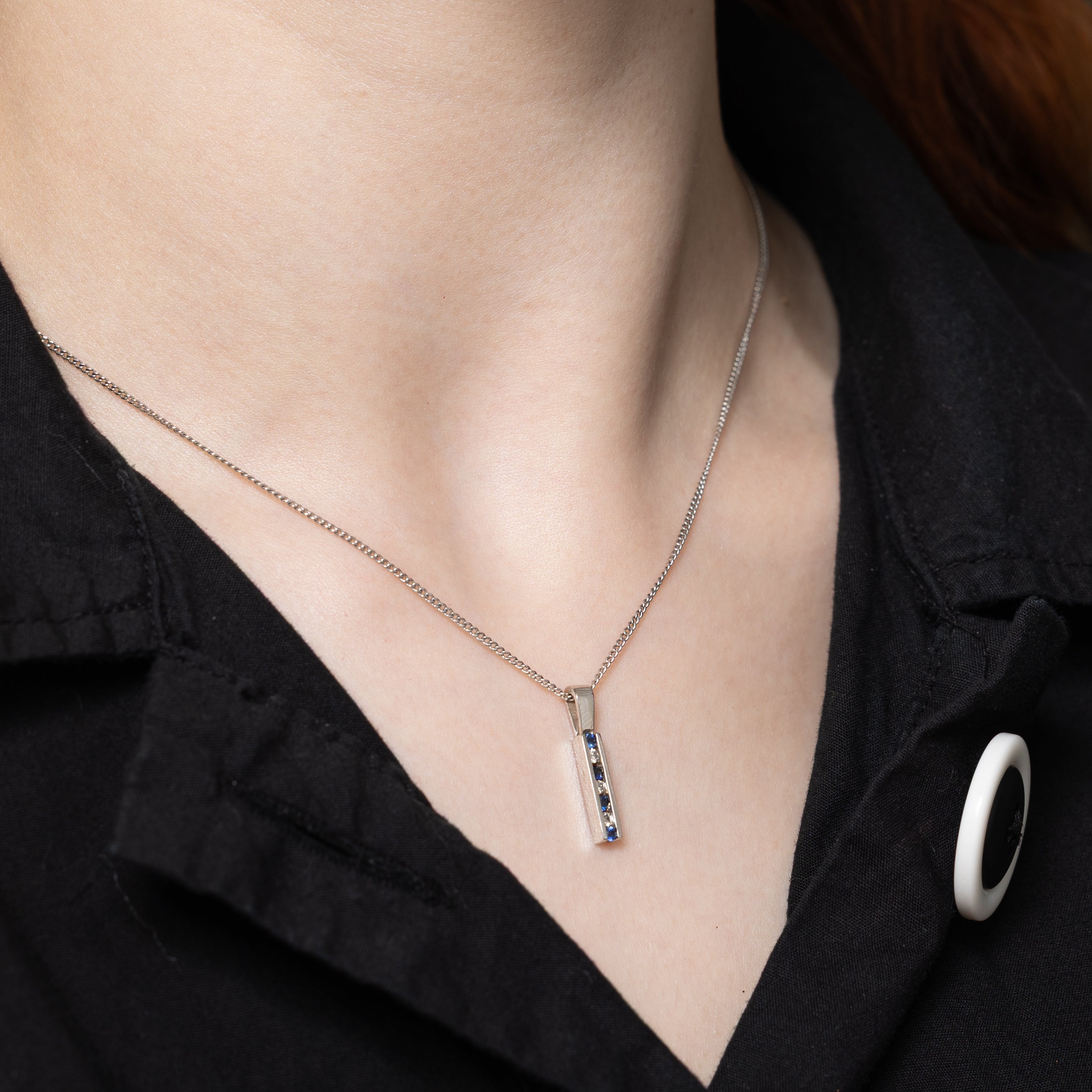 Channel Set Diamond & Sapphire Column Pendant | 0.08ctw, 0.07ctw