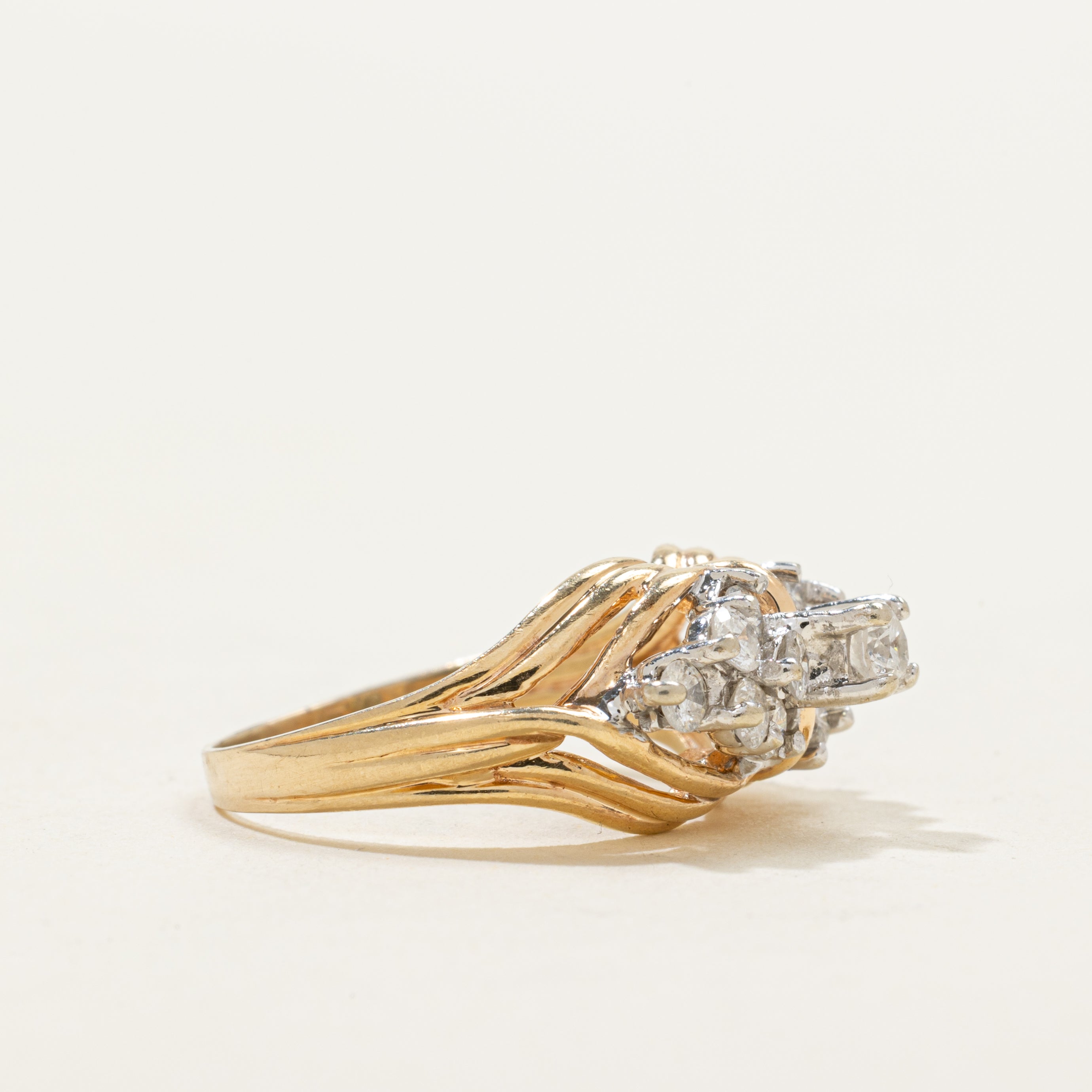 Yellow Gold Diamond Cluster Grooved Ring | 0.53ctw | SZ 4