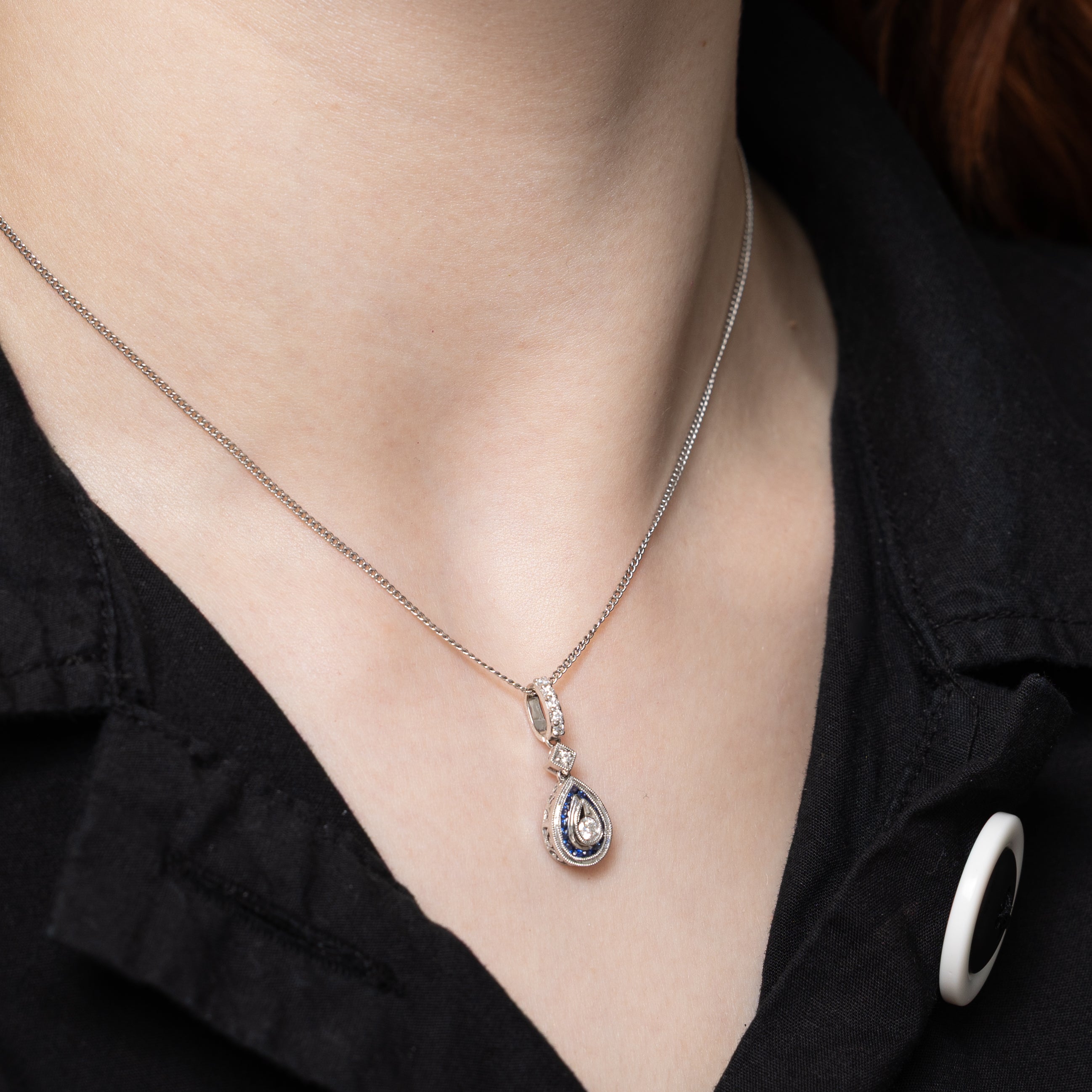 Sapphire & Diamond Ornate Pear Shaped Pendant | 0.14ctw, 0.09ctw