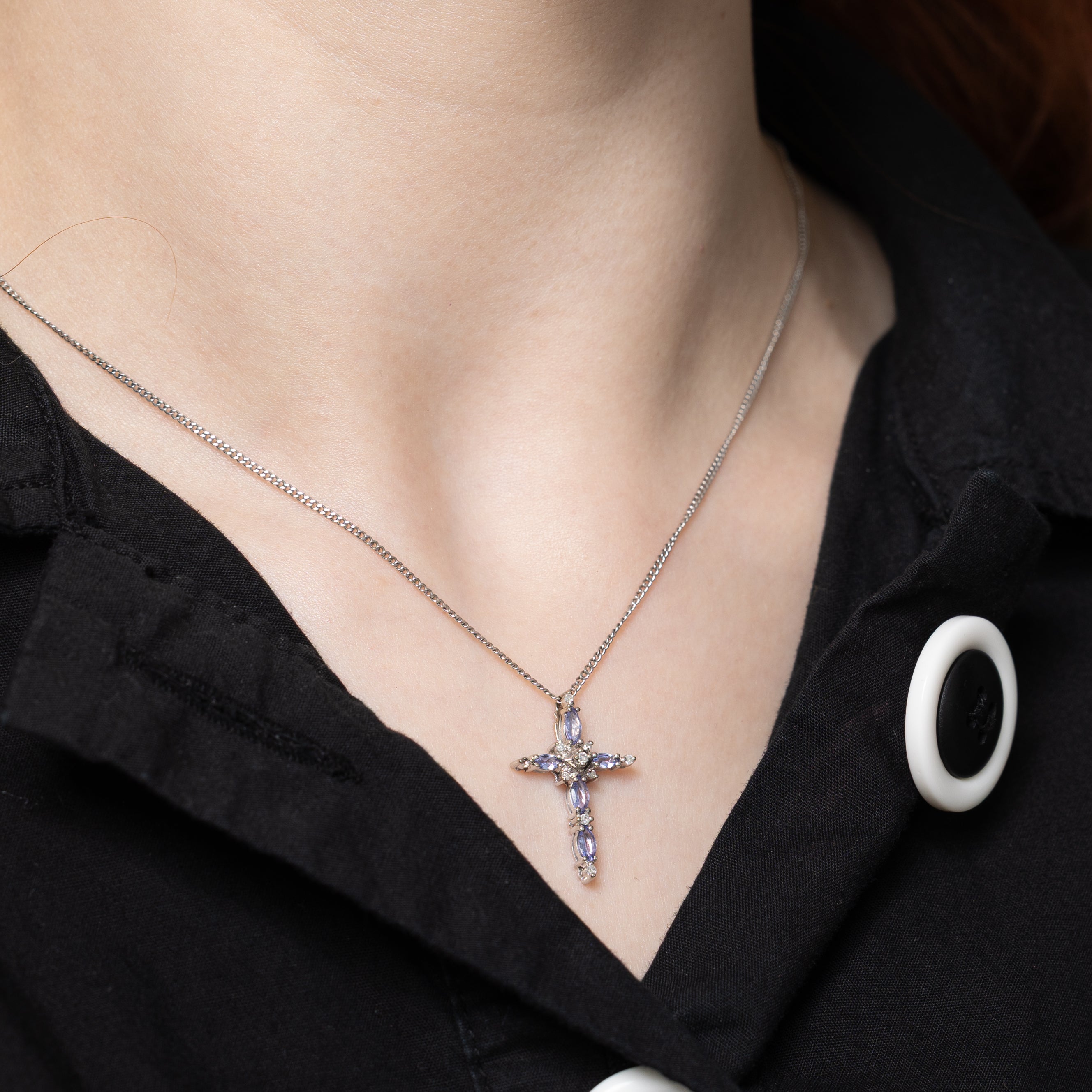 Marquise Cut Tanzanite & Diamond Cross Pendant | 0.09ctw, 0.07ctw