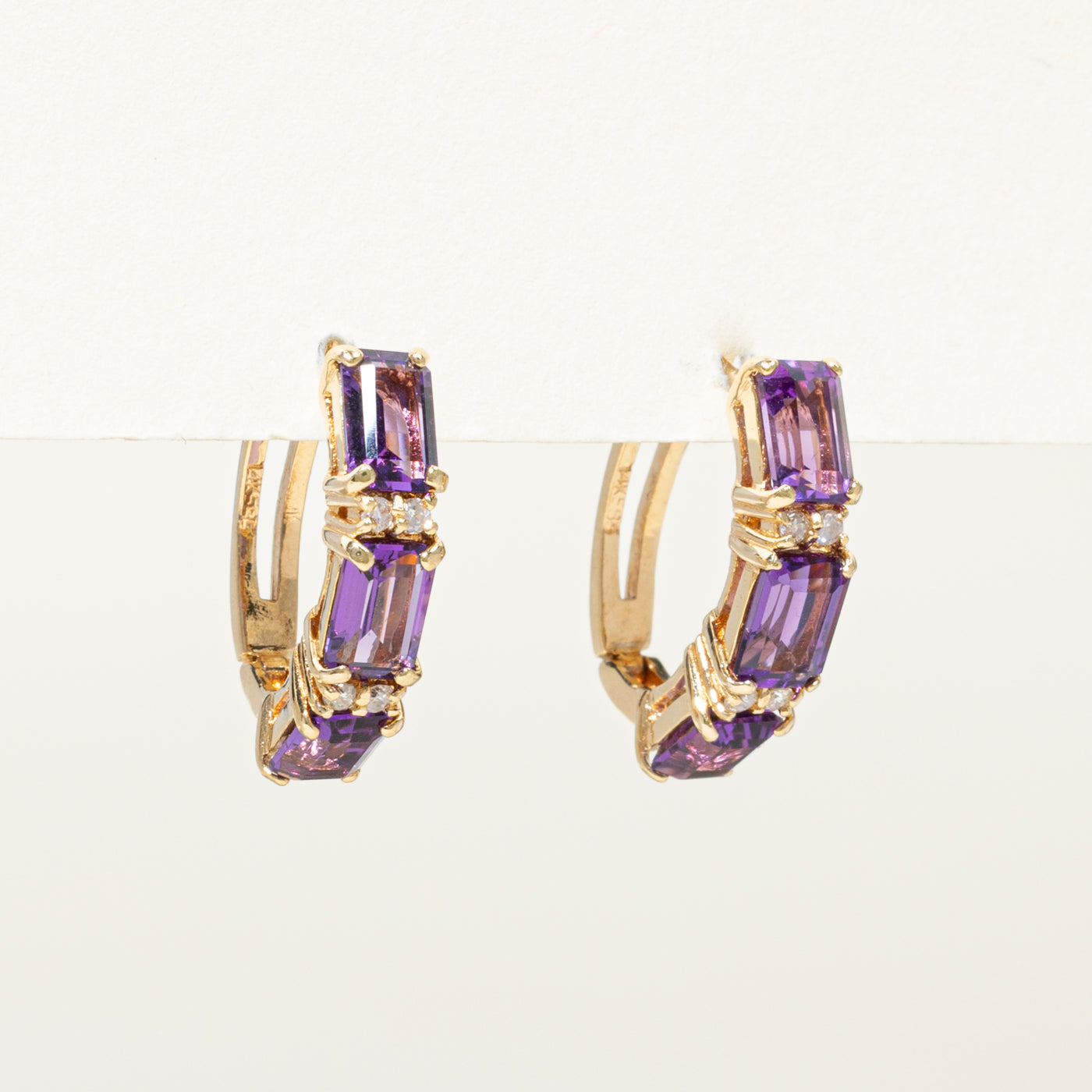 Three Stone Amethyst & Diamond Hoop Earrings | 2.70ctw, 0.08ct