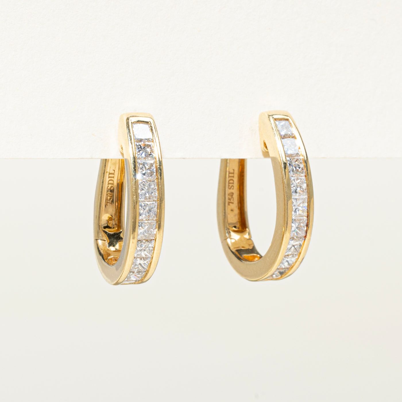 18k Princess Cut Channel Set Diamond Hoop Earrings | 1.40ctw