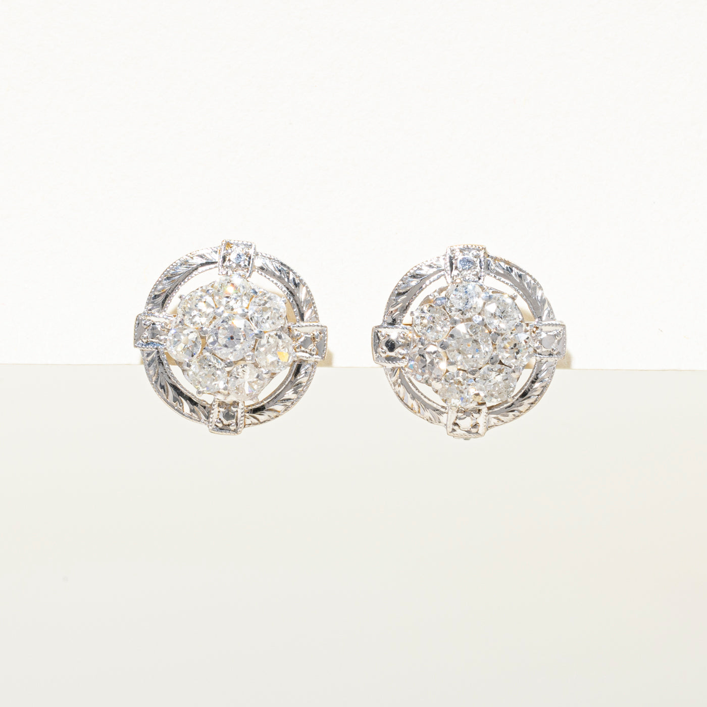 Old European Cut Diamond Cluster Engraved Stud Earrings | 1.96ctw